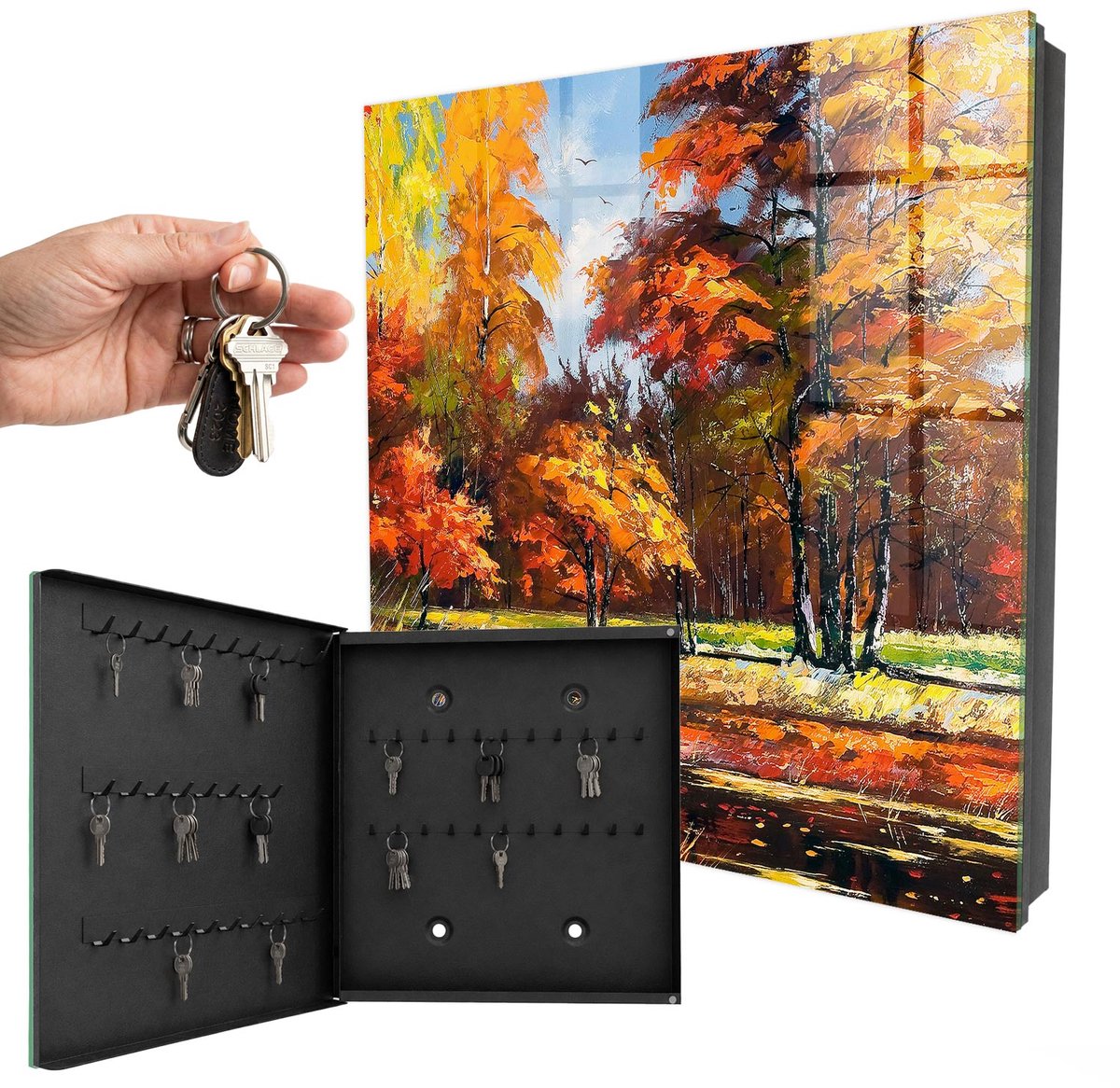 WallMuralia - Sleutelkast - 30x30x5 cm - met 50 haken - Herfstlandschap Sleutelkastje Landelijk - Oranje Sleutelbox - Linksopenend - Zwart interieur