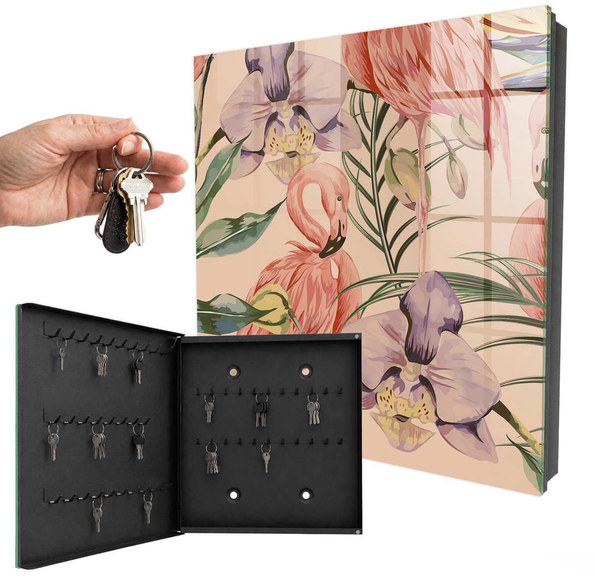WallMuralia - Sleutelkast - 30x30x5 cm - met 50 haken - Exotische Elegantie Sleutelkastje Modern - Roze Sleutelbox - Linksopenend - Zwart interieur