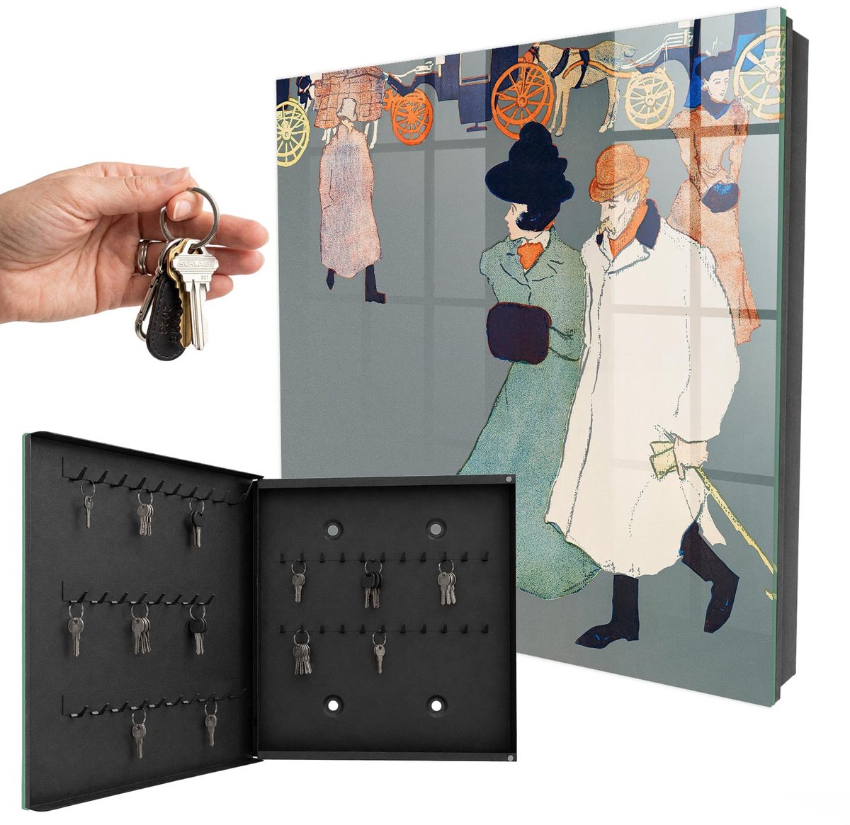 WallMuralia - Sleutelkast - 30x30x5 cm - met 50 haken - Stadswandeling Sleutelkastje Modern - Grijs Sleutelbox - Linksopenend - Zwart interieur