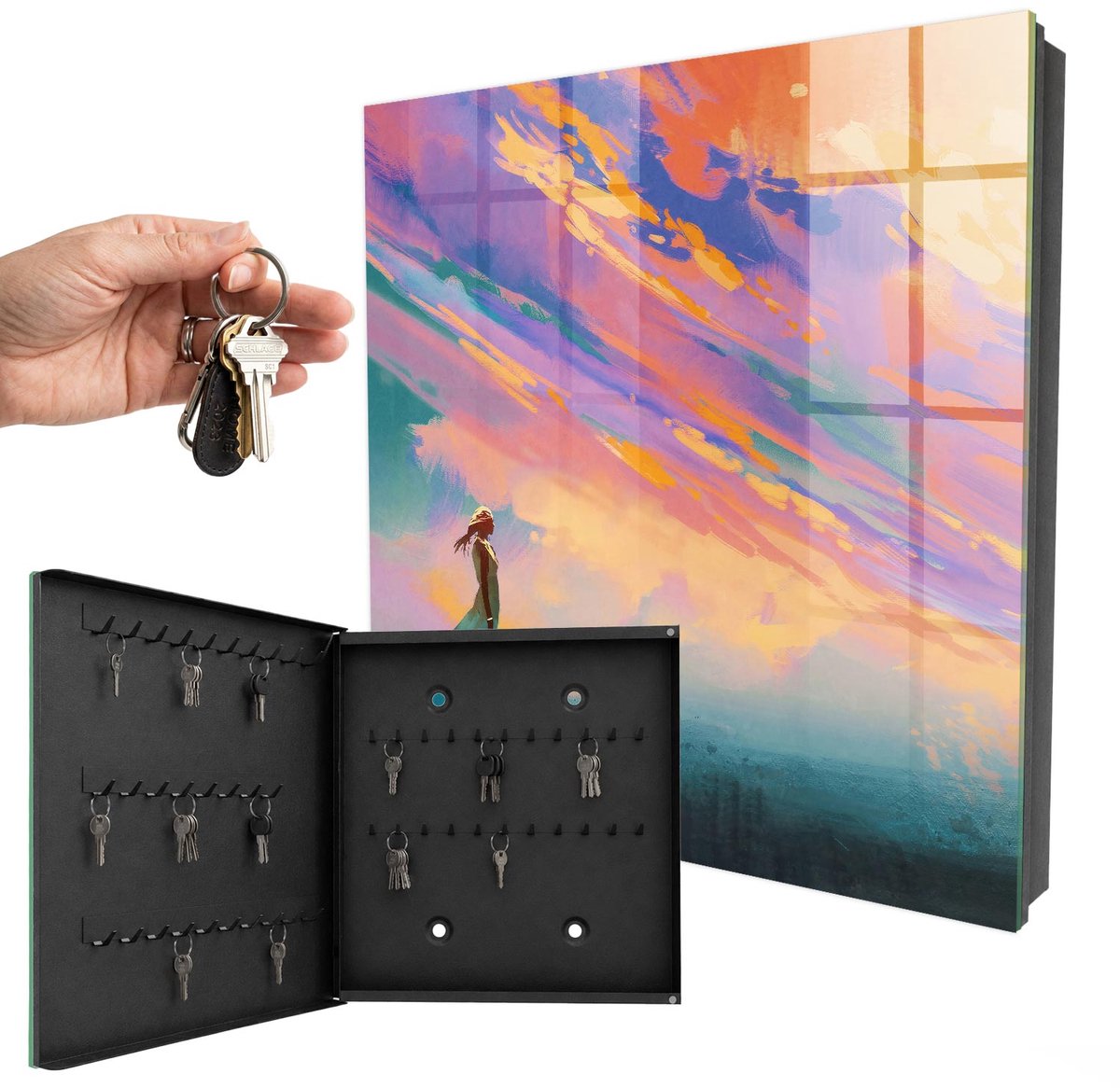 WallMuralia - Sleutelkast - 30x30x5 cm - met 50 haken - Dromerige Scène Design Sleutelkastje - Oranje Sleutelbox - Linksopenend - Zwart interieur