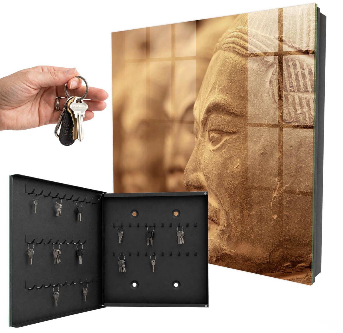 WallMuralia - Sleutelkast - 30x30x5 cm - met 50 haken - Historische Sculptuur Sleutelkastje Landelijk - Beige Sleutelbox - Linksopenend - Zwart interieur