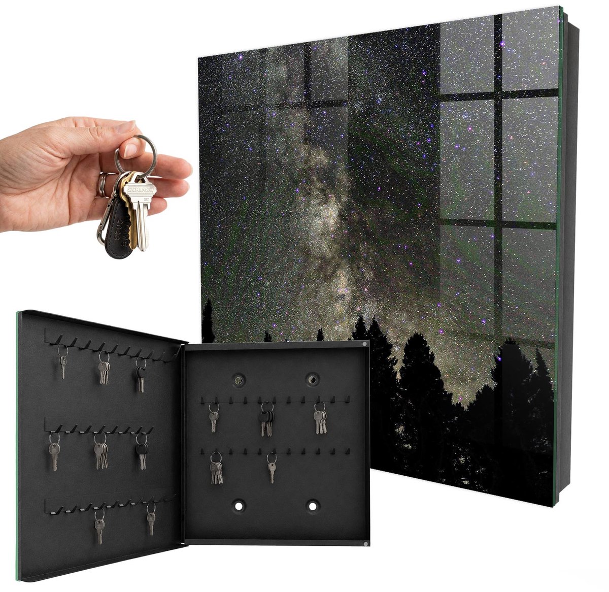 WallMuralia - Sleutelkast - 30x30x5 cm - met 50 haken - Sterrenhemel Sleutelkastje Gang - Zwart Sleutelbox - Linksopenend - Zwart interieur