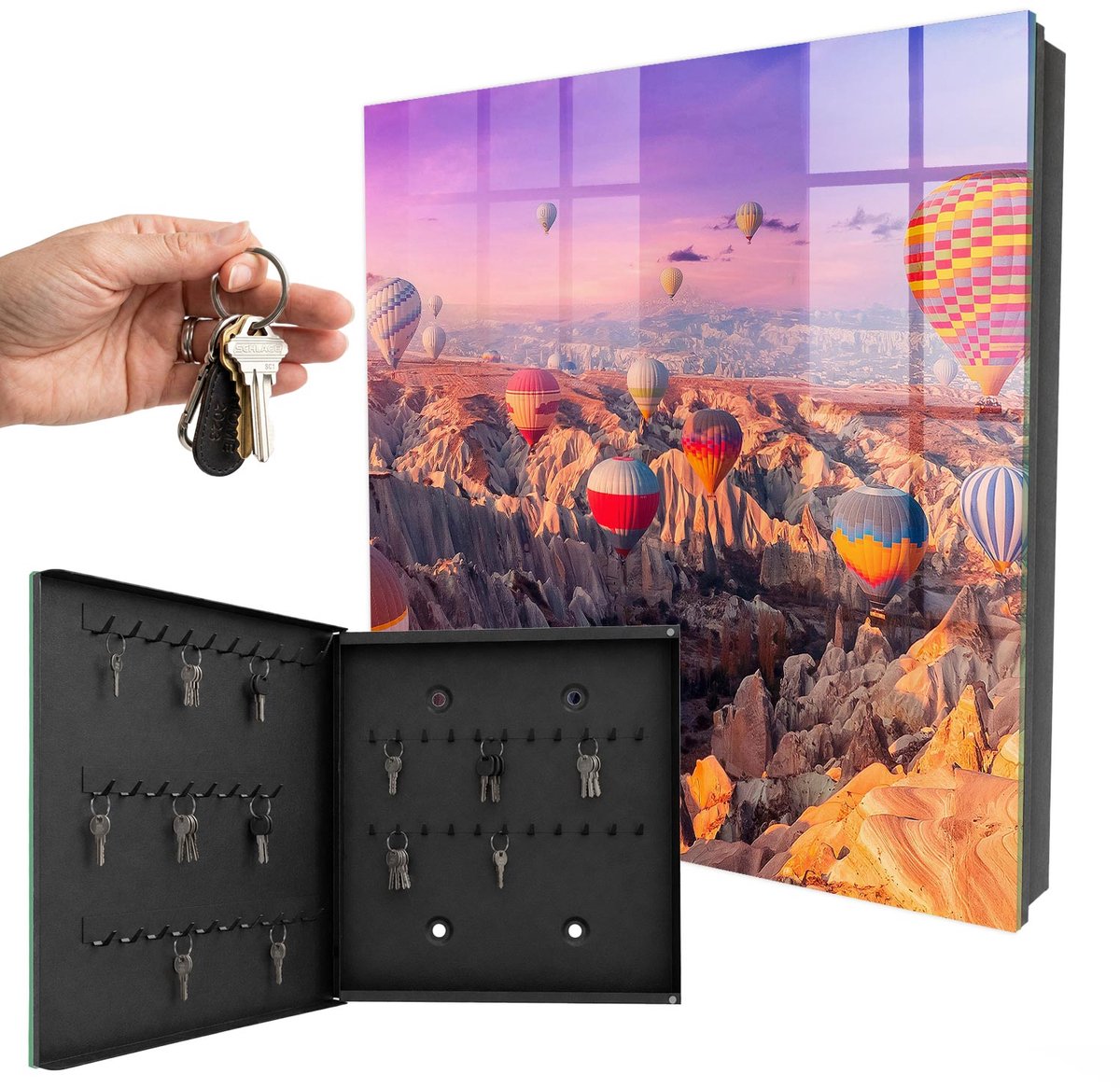 WallMuralia - Sleutelkast - 30x30x5 cm - met 50 haken - Ballonnen In De Lucht Sleutelkastje Landelijk - Roze Sleutelbox - Linksopenend - Zwart interieur
