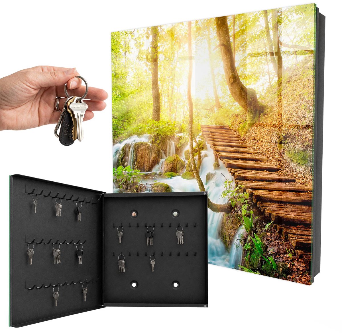 WallMuralia - Sleutelkast - 30x30x5 cm - met 50 haken - Een Boshoek Sleutelkastje Voor Binnen - Groente Sleutelbox - Linksopenend - Zwart interieur