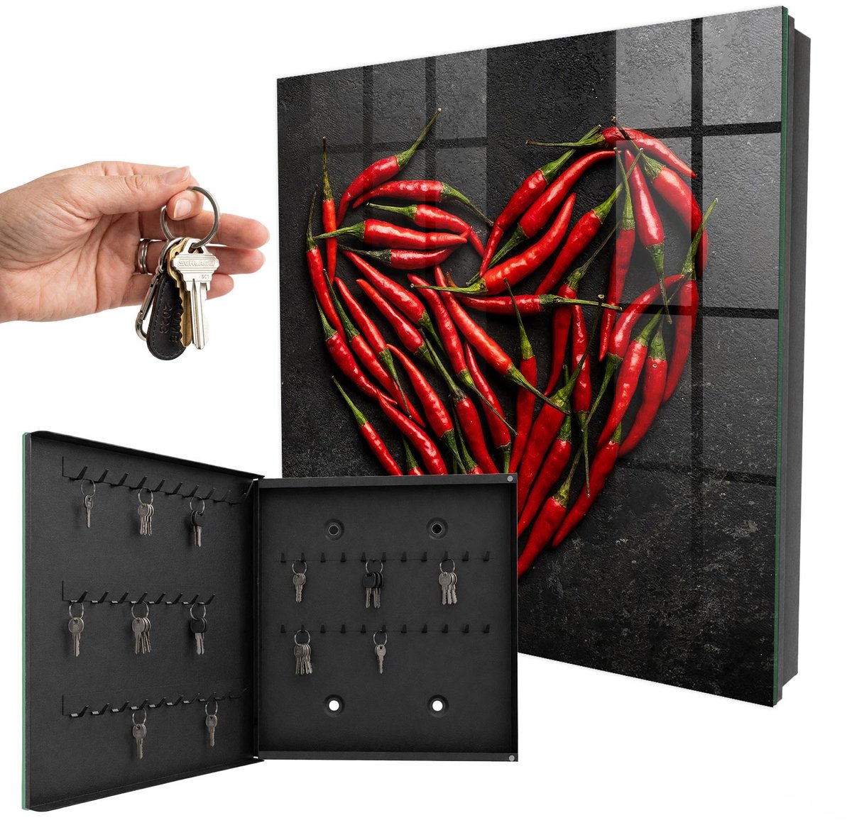 WallMuralia - Sleutelkast - 30x30x5 cm - met 50 haken - Peperhart Sleutelkastje Binnen - Rood Sleutelbox - Linksopenend - Zwart interieur