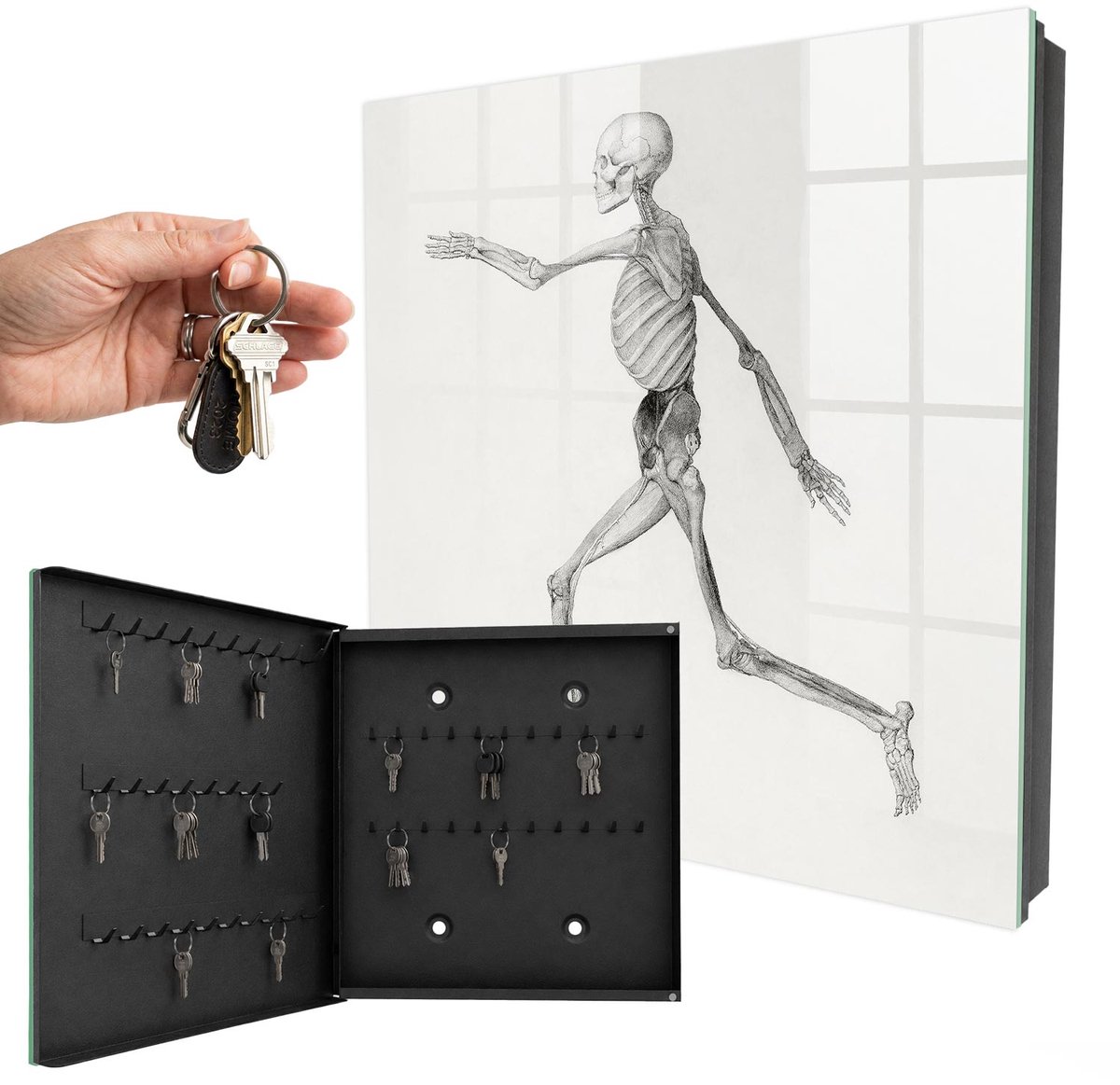WallMuralia - Sleutelkast - 30x30x5 cm - met 50 haken - Skeletbeweging Sleutelkastje Muur - Grijs Sleutelbox - Linksopenend - Zwart interieur