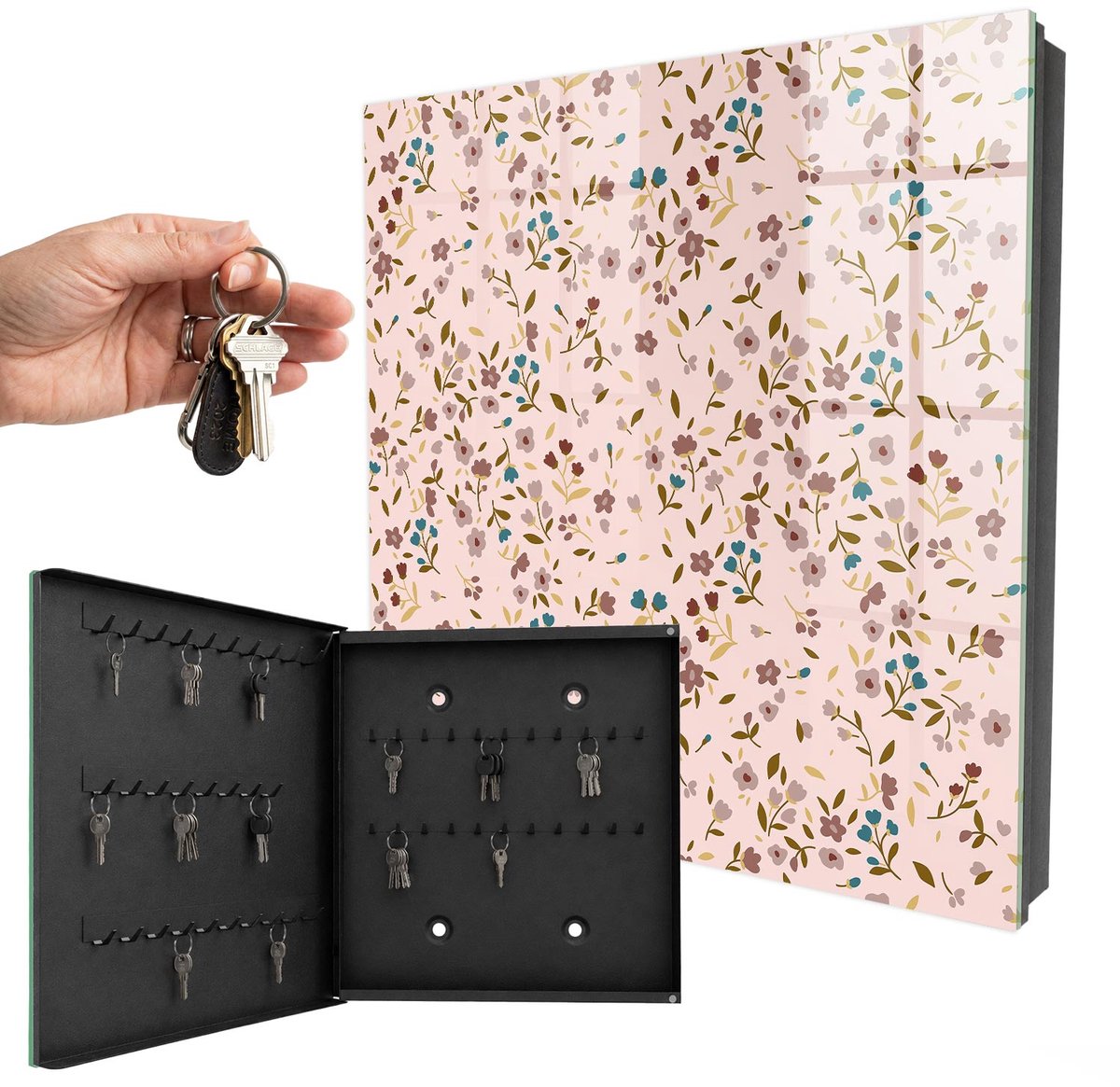 WallMuralia - Sleutelkast - 30x30x5 cm - met 50 haken - Bloemenpatroon Leuk Sleutelkastje - Roze Sleutelbox - Linksopenend - Zwart interieur