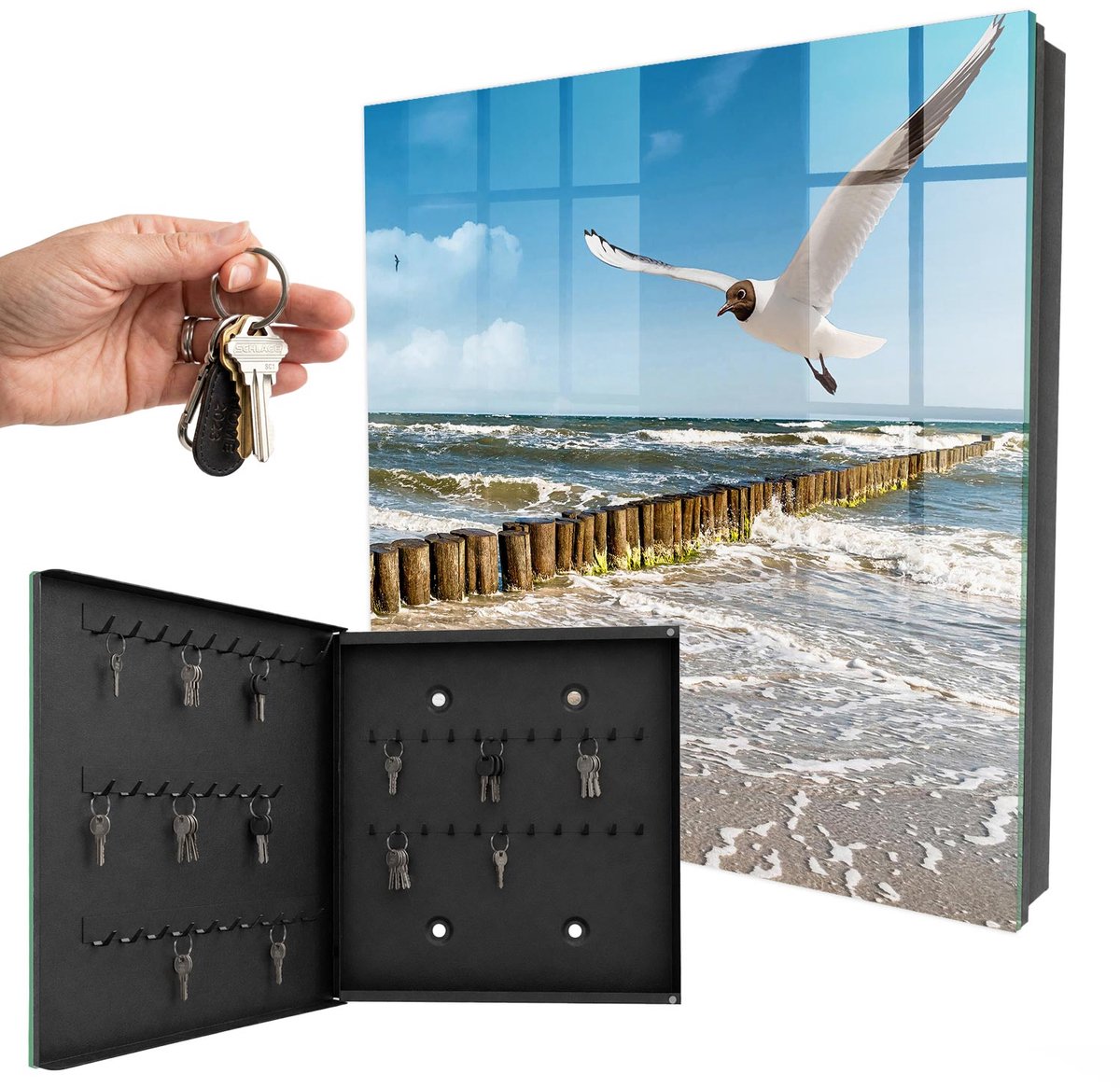 WallMuralia - Sleutelkast - 30x30x5 cm - met 50 haken - Zeegebied Sleutelkastje Gang - Blauw Sleutelbox - Linksopenend - Zwart interieur
