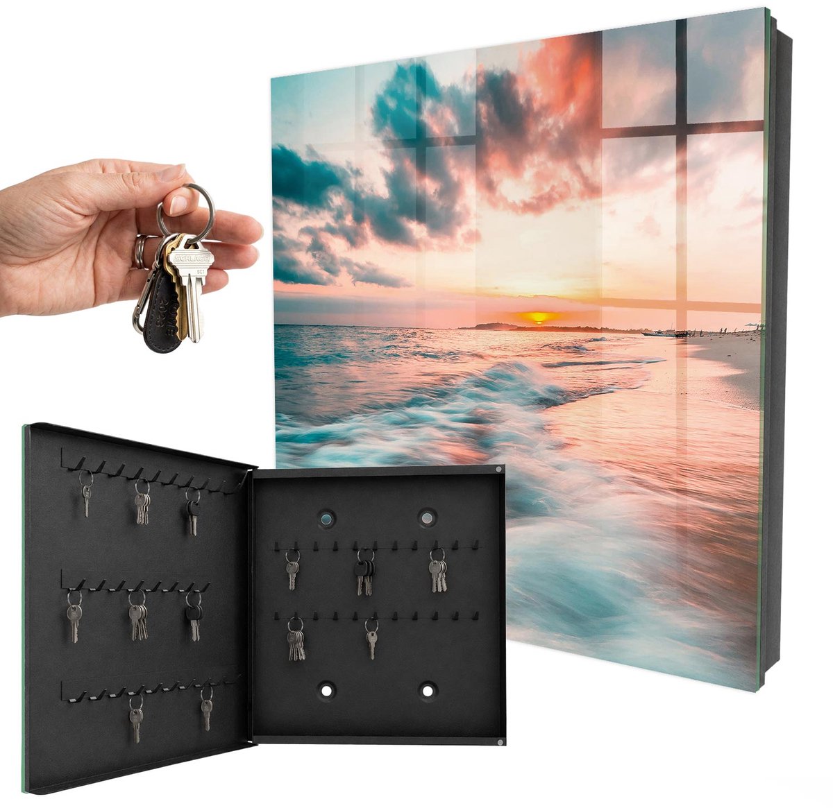 WallMuralia - Sleutelkast - 30x30x5 cm - met 50 haken - Zonsondergang Sleutelkastje Design - Oranje Sleutelbox - Linksopenend - Zwart interieur