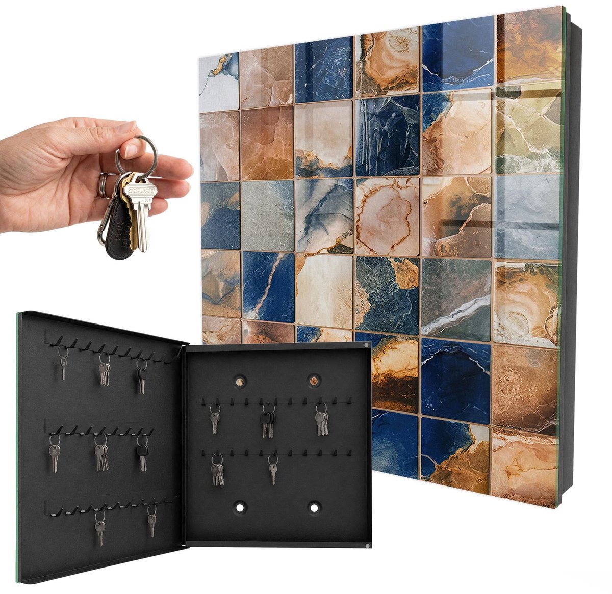 WallMuralia - Sleutelkast - 30x30x5 cm - met 50 haken - Marmeren Mozaïek Design Sleutelkastje - Bruin Sleutelbox - Linksopenend - Zwart interieur