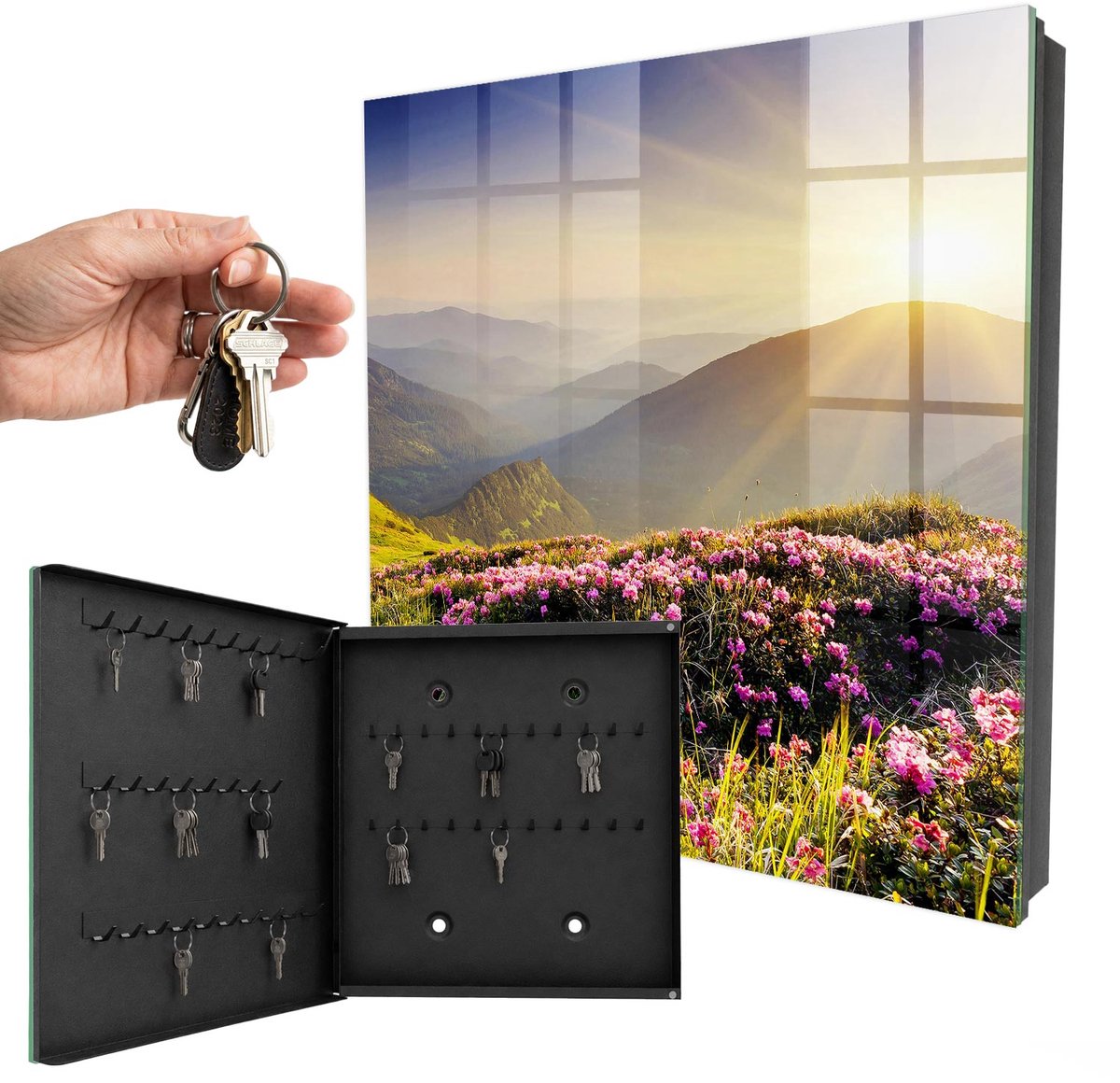 WallMuralia - Sleutelkast - 30x30x5 cm - met 50 haken - Bergachtig Oosten Sleutelkastje Industrieel - Groente Sleutelbox - Linksopenend - Zwart interieur