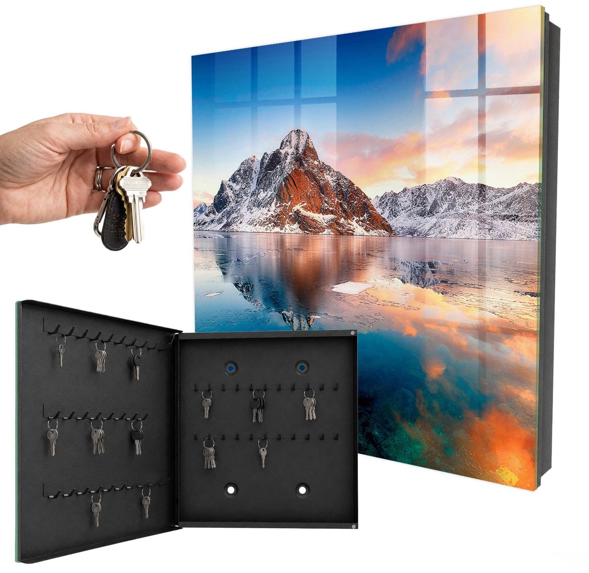 WallMuralia - Sleutelkast - 30x30x5 cm - met 50 haken - Berg Harmonie Sleutelkastje Industrieel - Blauw Sleutelbox - Linksopenend - Zwart interieur