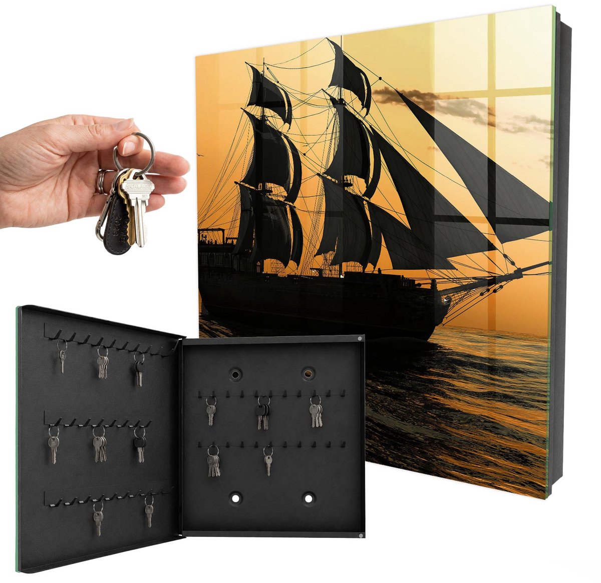 WallMuralia - Sleutelkast - 30x30x5 cm - met 50 haken - Zeeavontuur Sleutelkastje Muur - Oranje Sleutelbox - Linksopenend - Zwart interieur