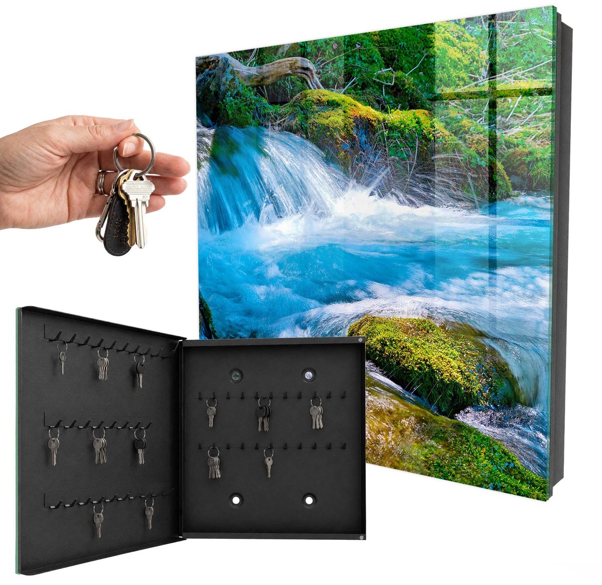 WallMuralia - Sleutelkast - 30x30x5 cm - met 50 haken - Een Kalme Rivier Sleutelkastje Design - Blauw Sleutelbox - Linksopenend - Zwart interieur