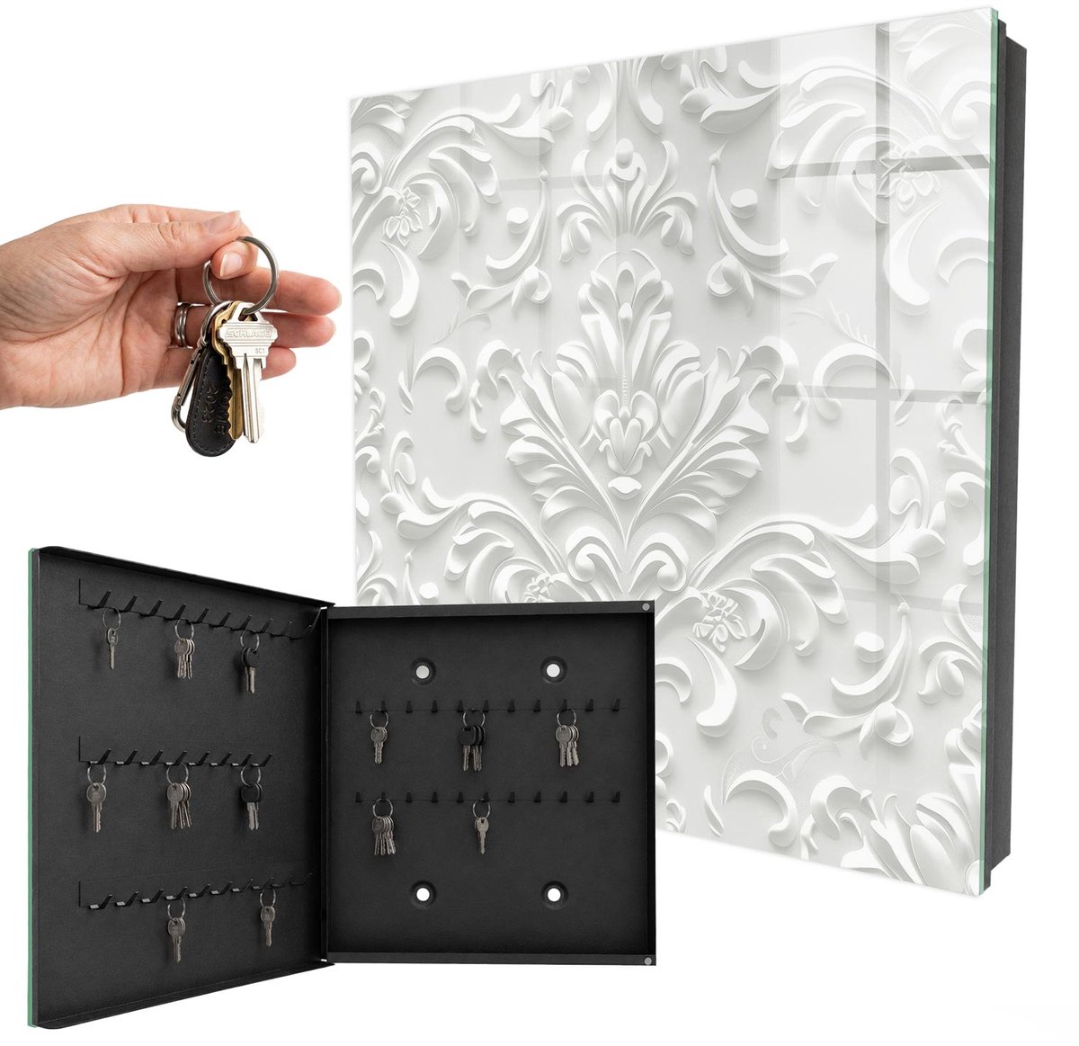 WallMuralia - Sleutelkast - 30x30x5 cm - met 50 haken - Rijke Versiering Sleutelkastje Muur - Wit Sleutelbox - Linksopenend - Zwart interieur