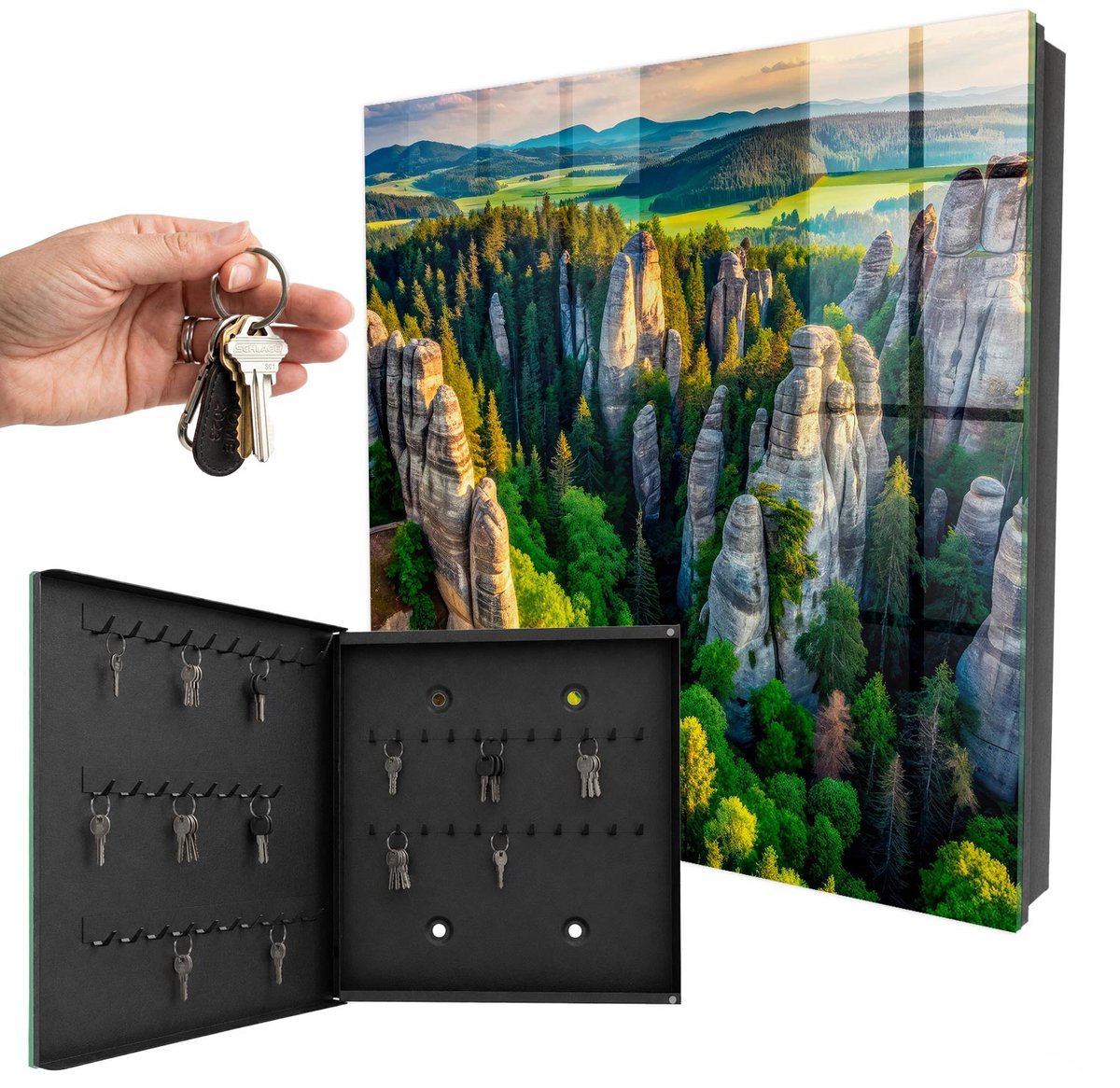 WallMuralia - Sleutelkast - 30x30x5 cm - met 50 haken - Rotsen En Bos Sleutelkastje Hal - Groente Sleutelbox - Linksopenend - Zwart interieur