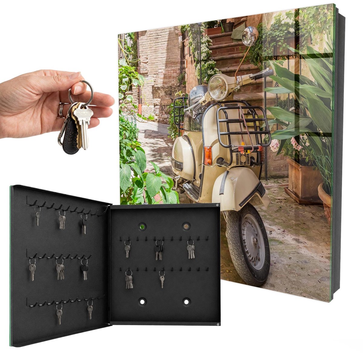 WallMuralia - Sleutelkast - 30x30x5 cm - met 50 haken - Italiaanse Sfeer Sleutelkastje Landelijk - Groente Sleutelbox - Linksopenend - Zwart interieur