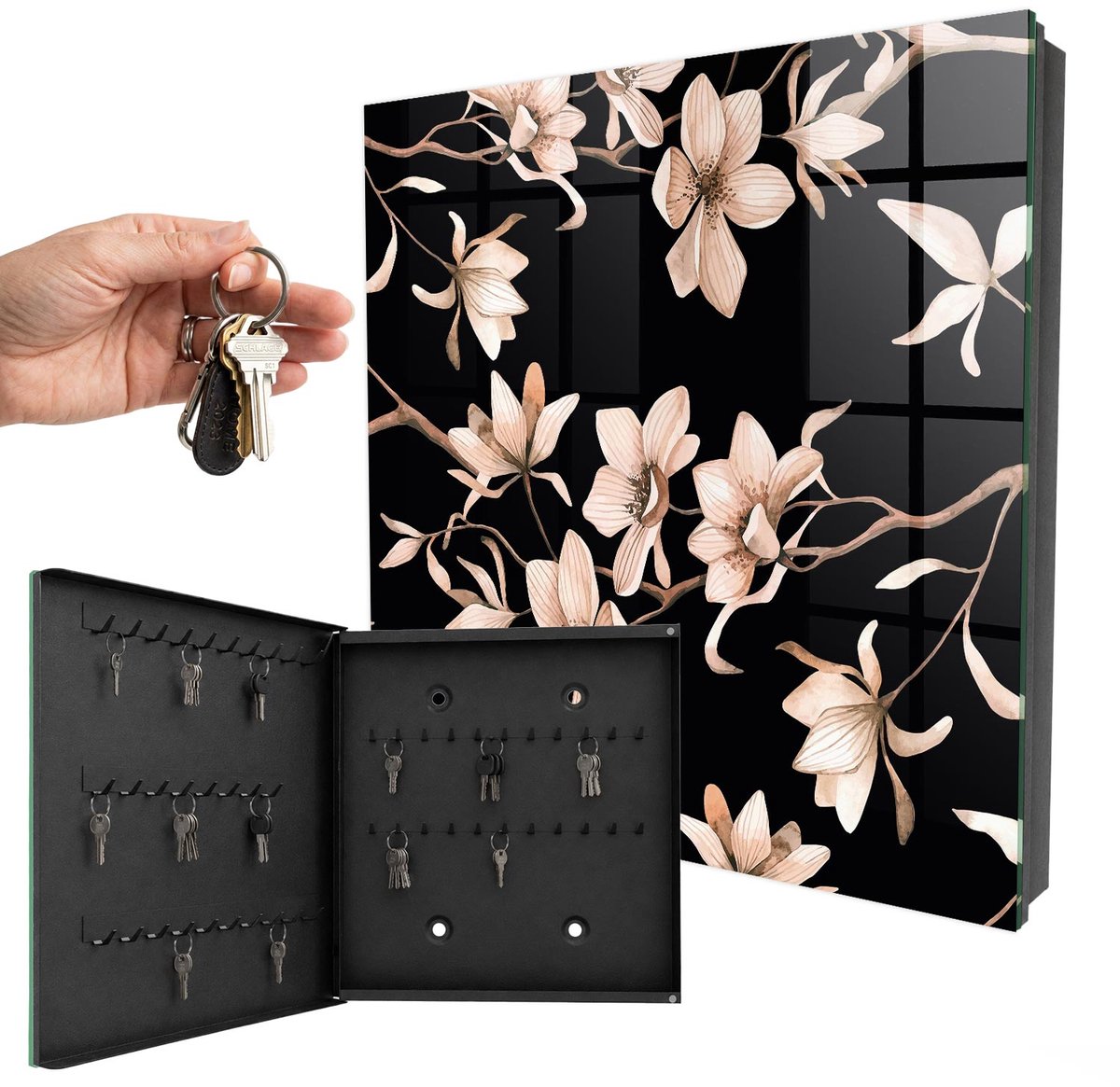 WallMuralia - Sleutelkast - 30x30x5 cm - met 50 haken - Crème Bloemen Groot Sleutelkastje - Zwart Sleutelbox - Linksopenend - Zwart interieur