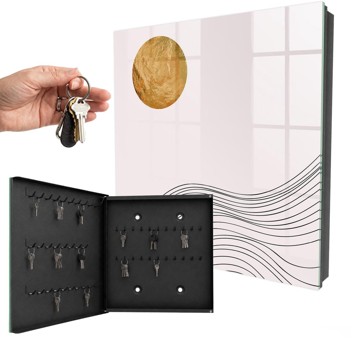 WallMuralia - Sleutelkast - 30x30x5 cm - met 50 haken - Golven En Cirkel Leuk Sleutelkastje - Beige Sleutelbox - Linksopenend - Zwart interieur