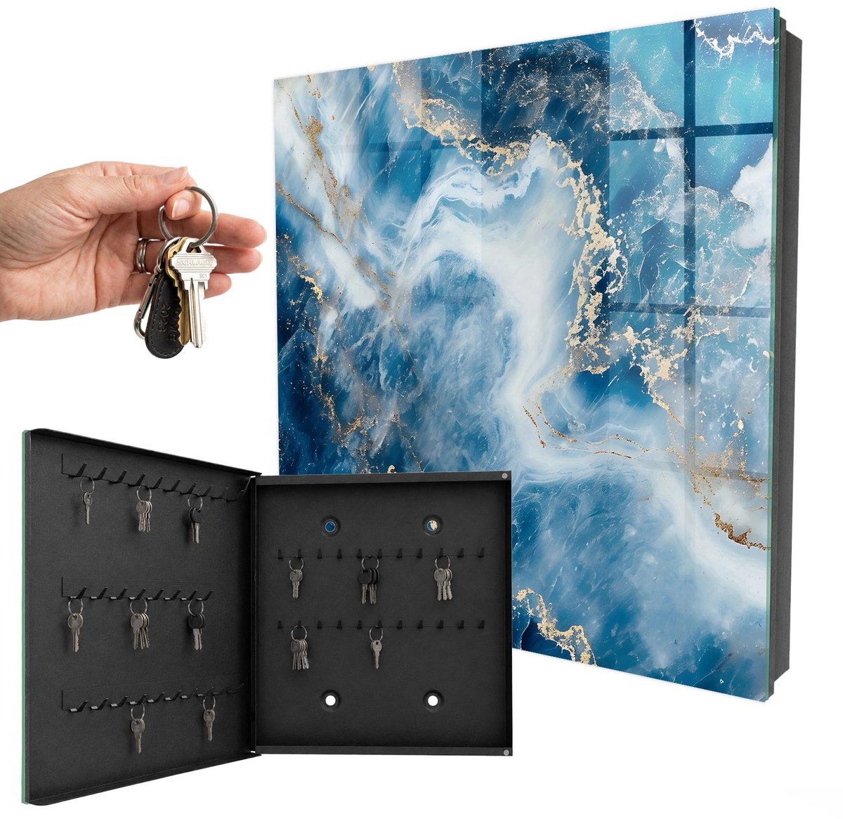WallMuralia - Sleutelkast - 30x30x5 cm - met 50 haken - Dromerige Abstractie Leuk Sleutelkastje - Blauw Sleutelbox - Linksopenend - Zwart interieur