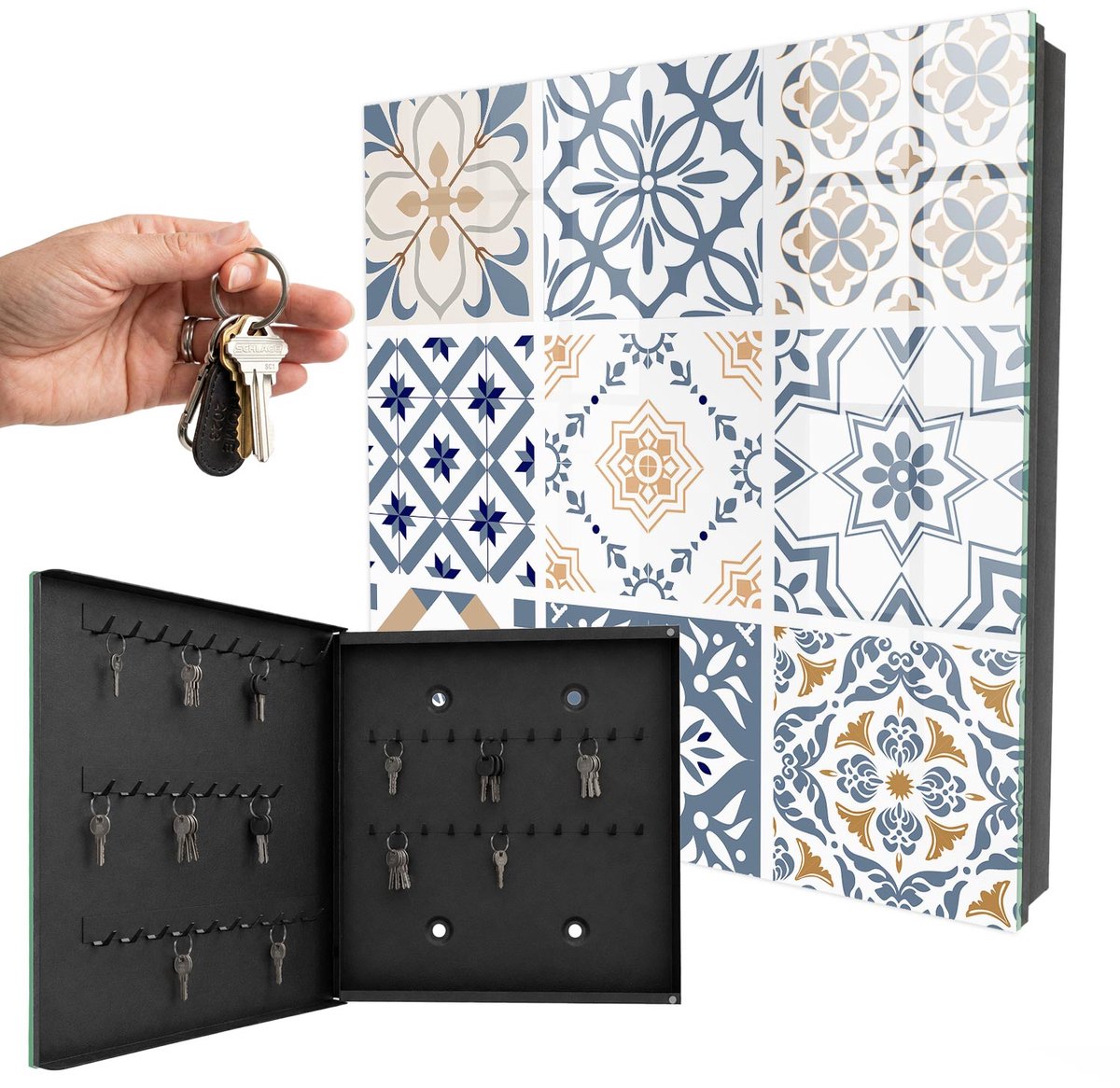 WallMuralia - Sleutelkast - 30x30x5 cm - met 50 haken - Tegelpatronen Sleutelkastje Hal - Blauw Sleutelbox - Linksopenend - Zwart interieur