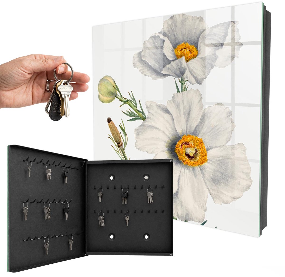 WallMuralia - Sleutelkast - 30x30x5 cm - met 50 haken - Bloemen Natuur Sleutelkastje Huis - Wit Sleutelbox - Linksopenend - Zwart interieur