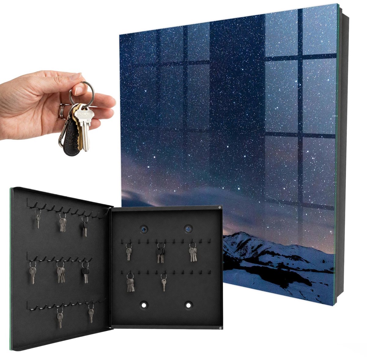 WallMuralia - Sleutelkast - 30x30x5 cm - met 50 haken - Bergnacht Sleutelkastje - Blauw Sleutelbox - Linksopenend - Zwart interieur