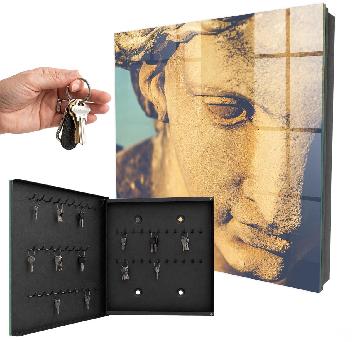 WallMuralia - Sleutelkast - 30x30x5 cm - met 50 haken - Stille Elegantie Sleutelkastje Huis - Geel Sleutelbox - Linksopenend - Zwart interieur