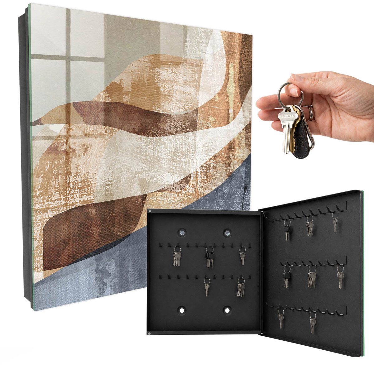 WallMuralia - Sleutelkast - 30x30x5 cm - met 50 haken - Organische Vormen Sleutelkastje Voor Binnen - Bruin Sleutelbox - Rechtsopenend - Zwart interieur