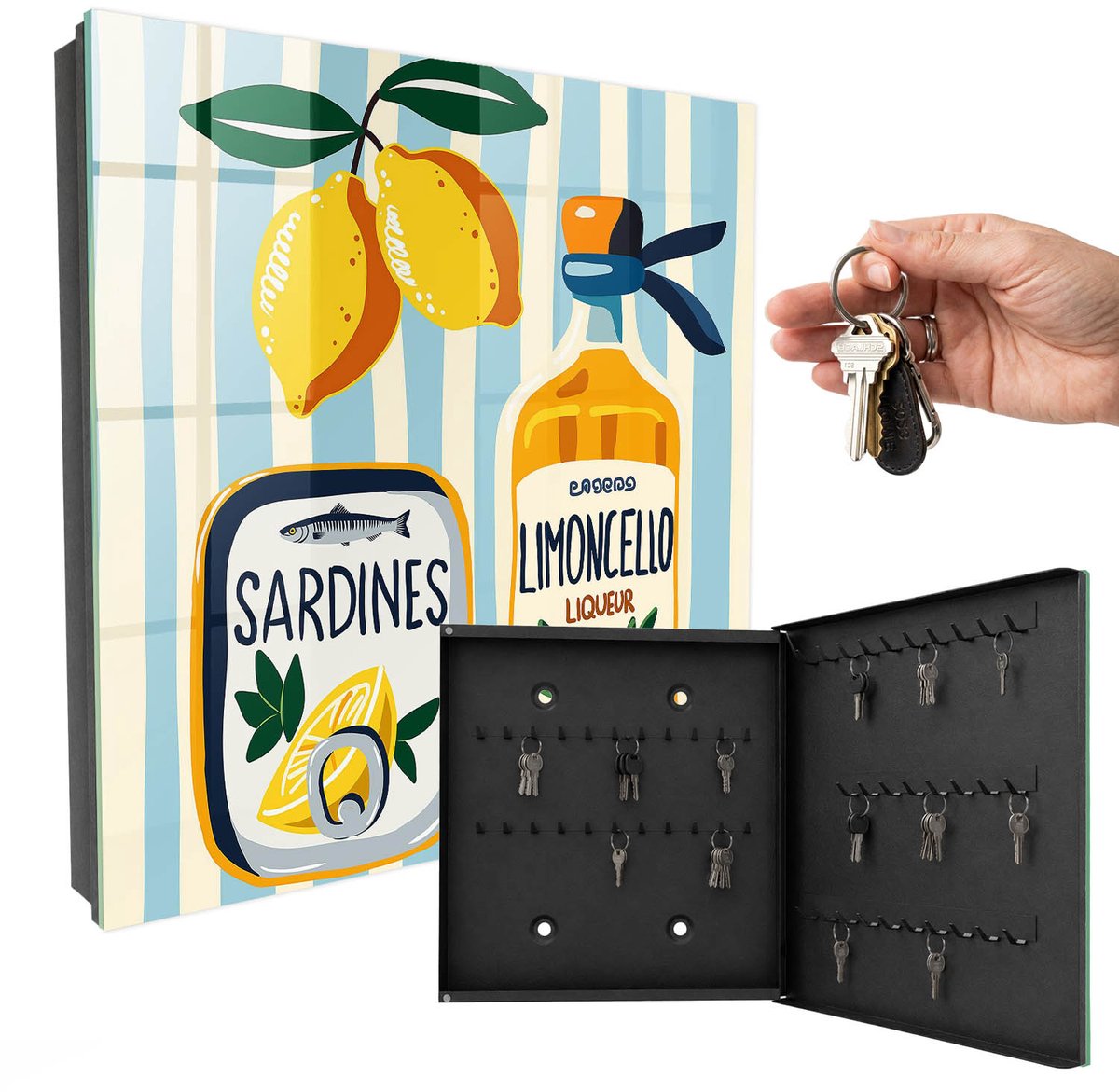 WallMuralia - Sleutelkast - 30x30x5 cm - met 50 haken - Italiaanse Motieven Leuk Sleutelkastje - Geel Sleutelbox - Rechtsopenend - Zwart interieur
