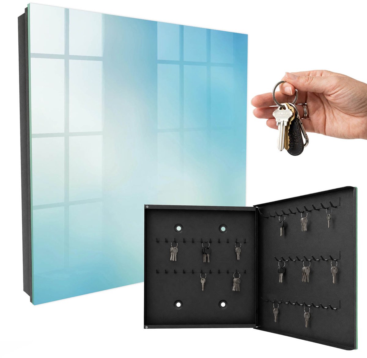 WallMuralia - Sleutelkast - 30x30x5 cm - met 50 haken - Hemelse Droom Sleutelkastje Binnen - Blauw Sleutelbox - Rechtsopenend - Zwart interieur