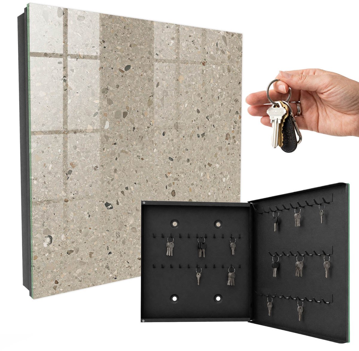 WallMuralia - Sleutelkast - 30x30x5 cm - met 50 haken - Kiezeltextuur Sleutelkastje Modern - Beige Sleutelbox - Rechtsopenend - Zwart interieur