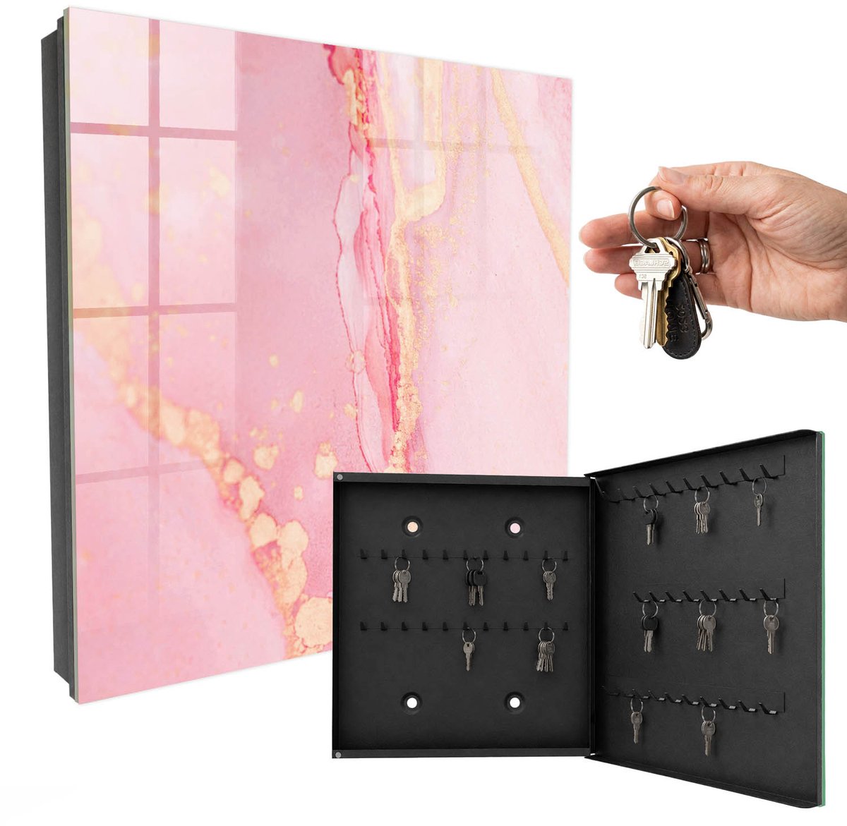 WallMuralia - Sleutelkast - 30x30x5 cm - met 50 haken - Roze Droom Sleutelkastje Muur - Roze Sleutelbox - Rechtsopenend - Zwart interieur