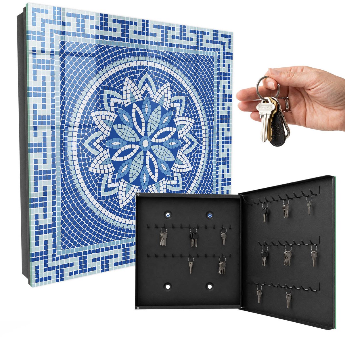 WallMuralia - Sleutelkast - 30x30x5 cm - met 50 haken - Blauw Mozaïek Sleutelkastje Muur - Blauw Sleutelbox - Rechtsopenend - Zwart interieur