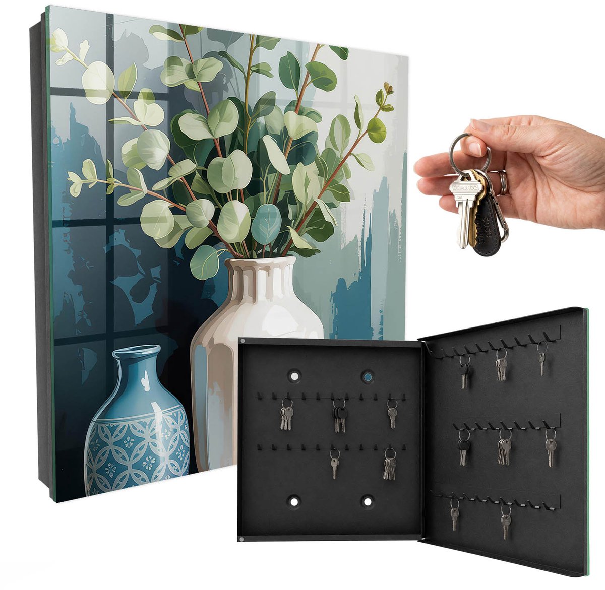 WallMuralia - Sleutelkast - 30x30x5 cm - met 50 haken - Vazen En Bladeren Sleutelkastje - Groente Sleutelbox - Rechtsopenend - Zwart interieur