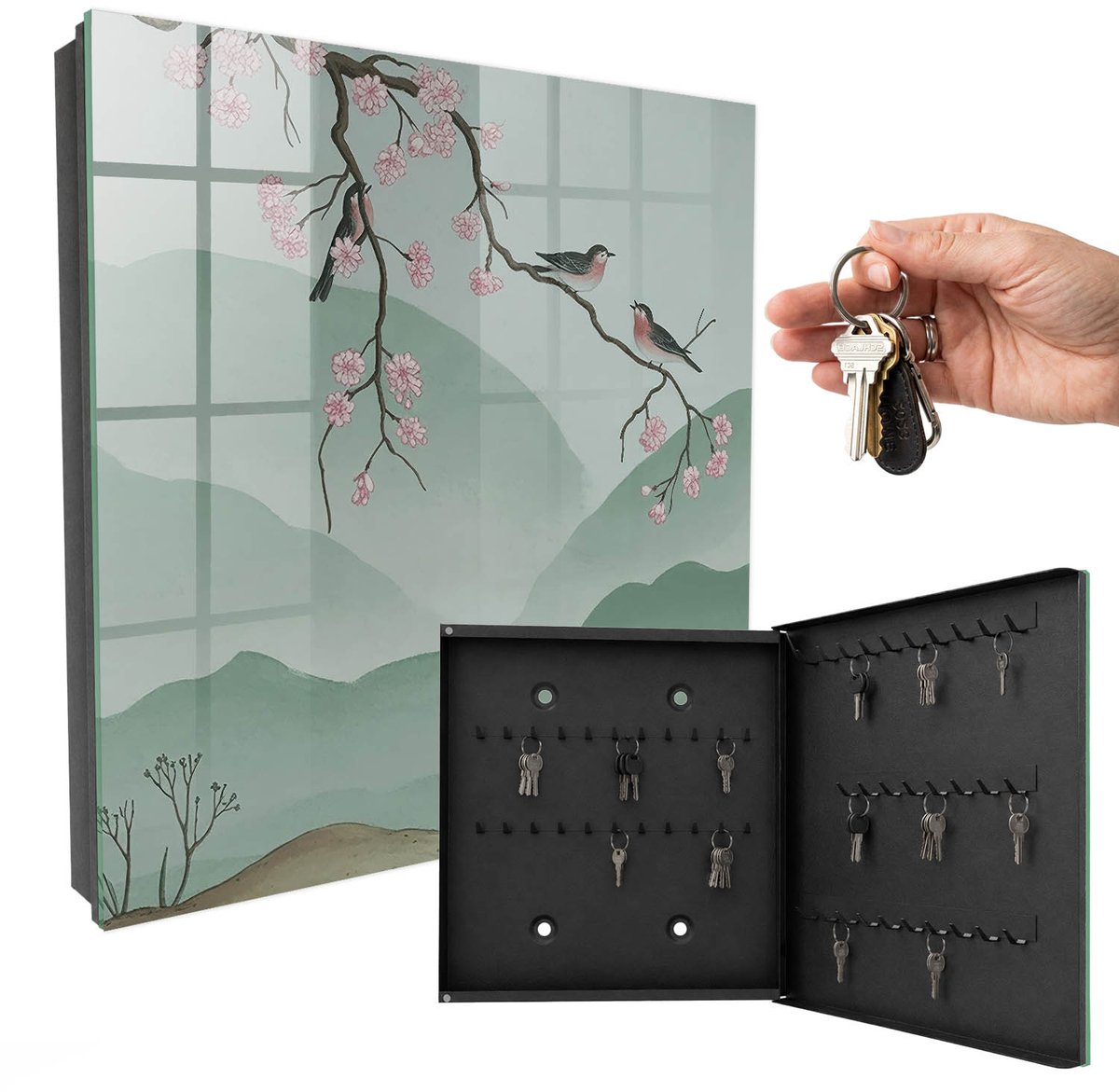 WallMuralia - Sleutelkast - 30x30x5 cm - met 50 haken - Vogels En Bloemen Sleutelkastje Klein - Groente Sleutelbox - Rechtsopenend - Zwart interieur