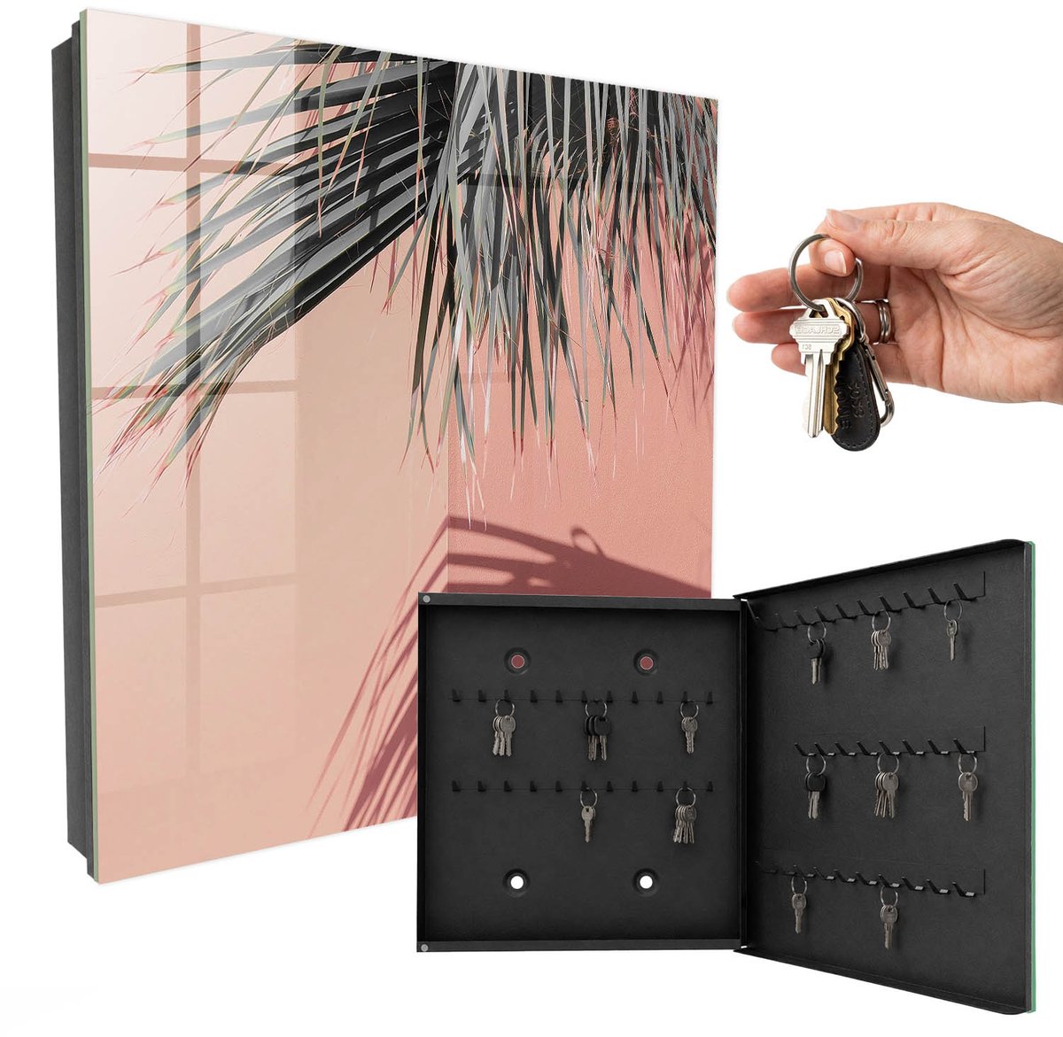 WallMuralia - Sleutelkast - 30x30x5 cm - met 50 haken - Tropische Elegantie Sleutelkastje Industrieel - Roze Sleutelbox - Rechtsopenend - Zwart interieur