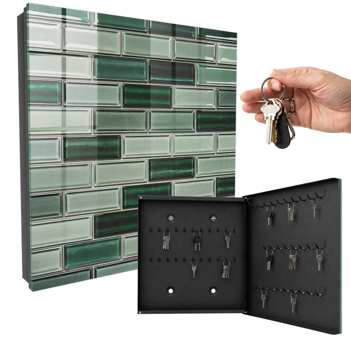 WallMuralia - Sleutelkast - 30x30x5 cm - met 50 haken - Groene Muur Sleutelkastje Modern - Groente Sleutelbox - Rechtsopenend - Zwart interieur