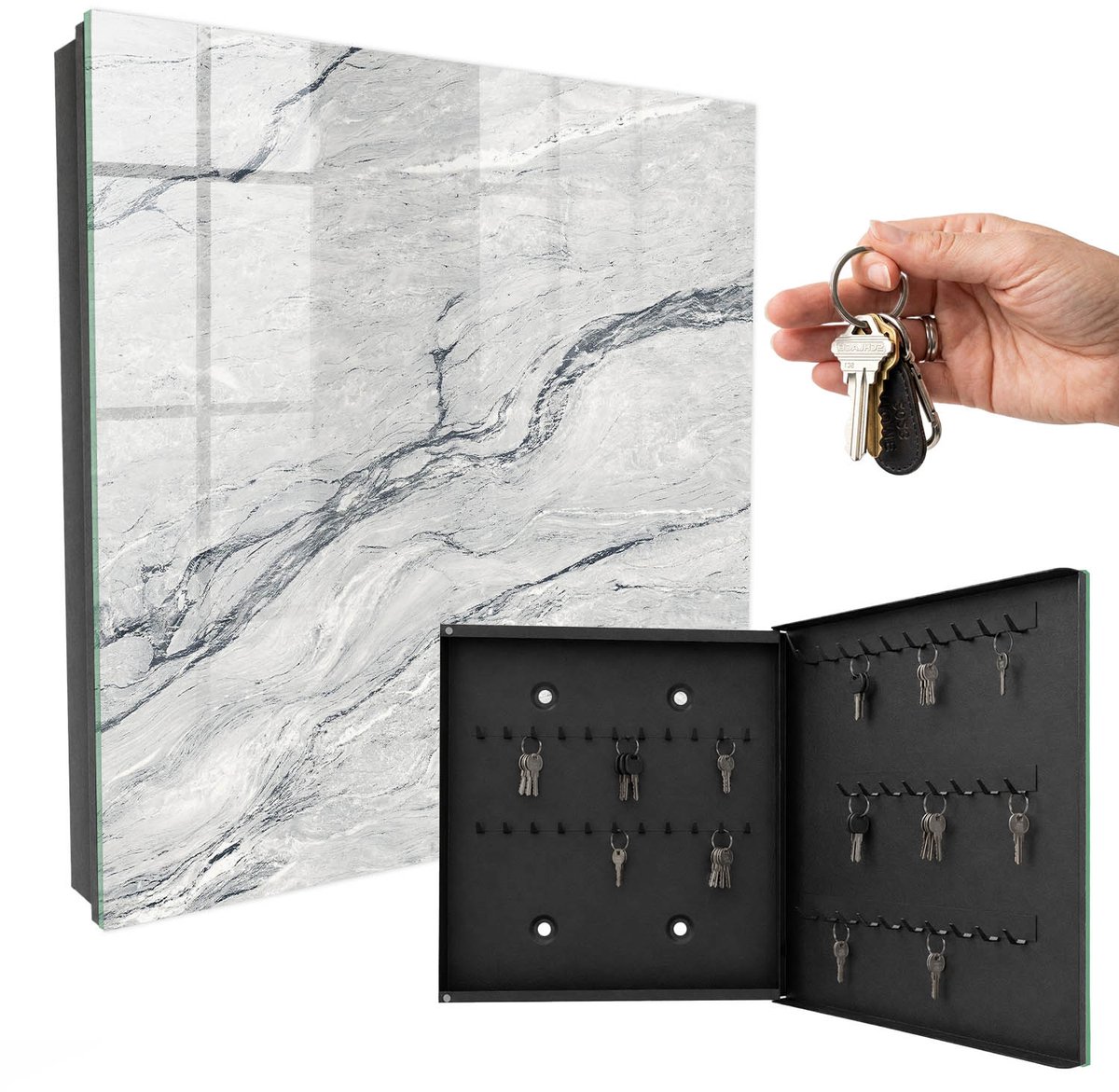 WallMuralia - Sleutelkast - 30x30x5 cm - met 50 haken - Steenpatroon Sleutelkastje Hal - Grijs Sleutelbox - Rechtsopenend - Zwart interieur