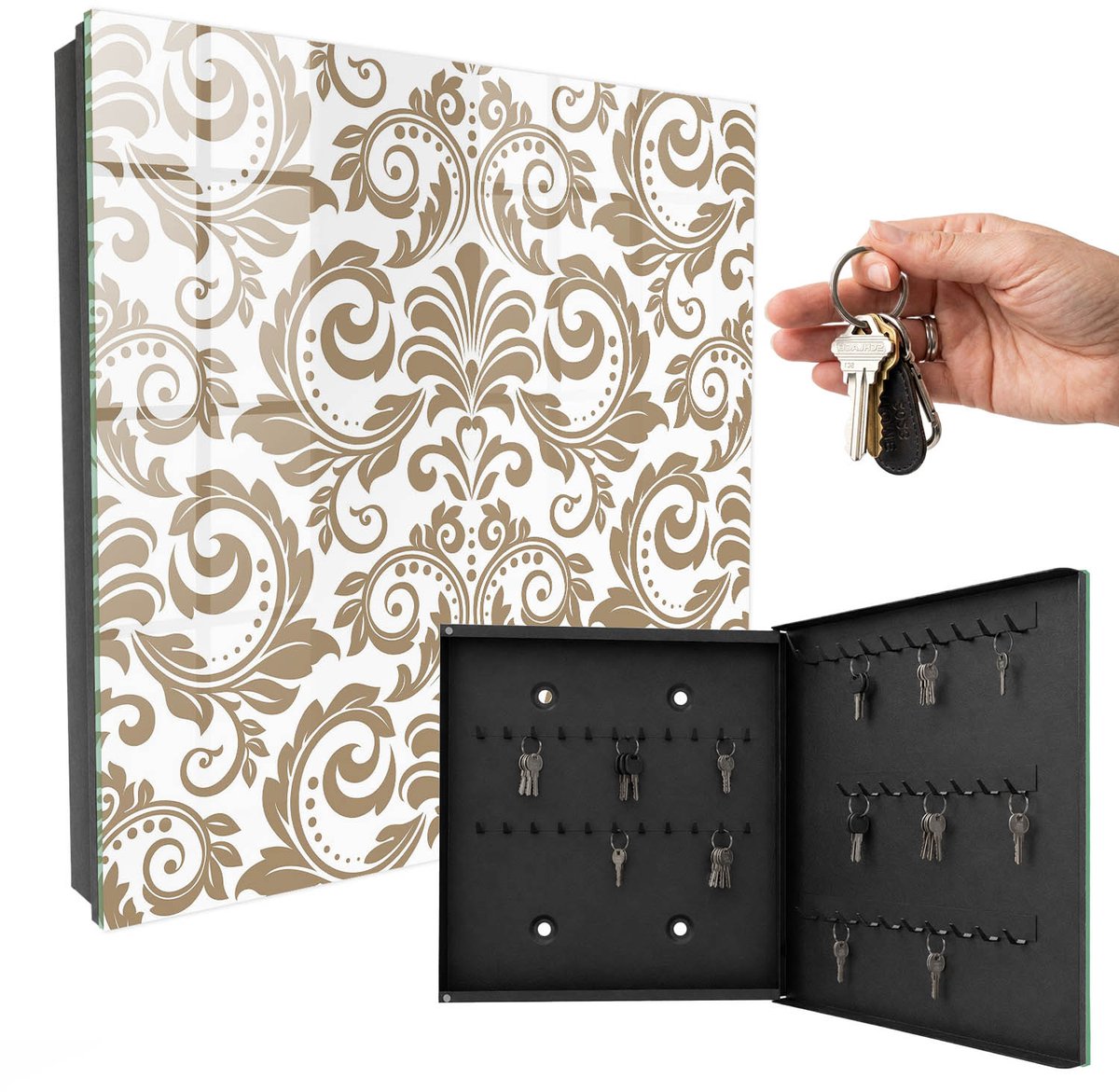 WallMuralia - Sleutelkast - 30x30x5 cm - met 50 haken - Bloemenornament Sleutelkastje Binnen - Bruin Sleutelbox - Rechtsopenend - Zwart interieur