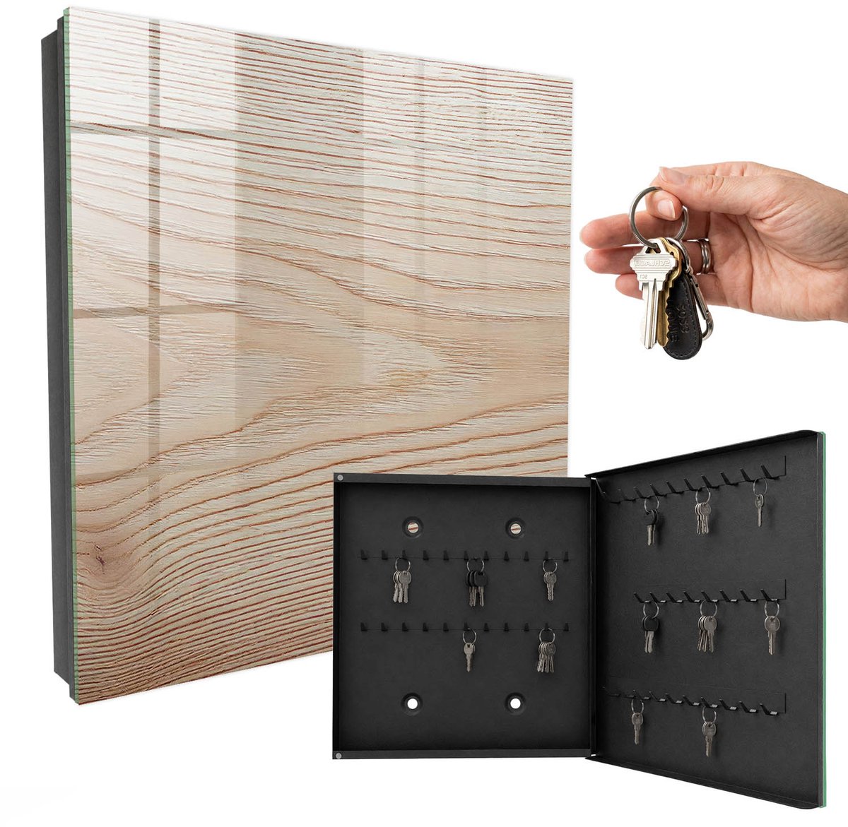 WallMuralia - Sleutelkast - 30x30x5 cm - met 50 haken - Houtstructuur Sleutelkastje Huis - Beige Sleutelbox - Rechtsopenend - Zwart interieur