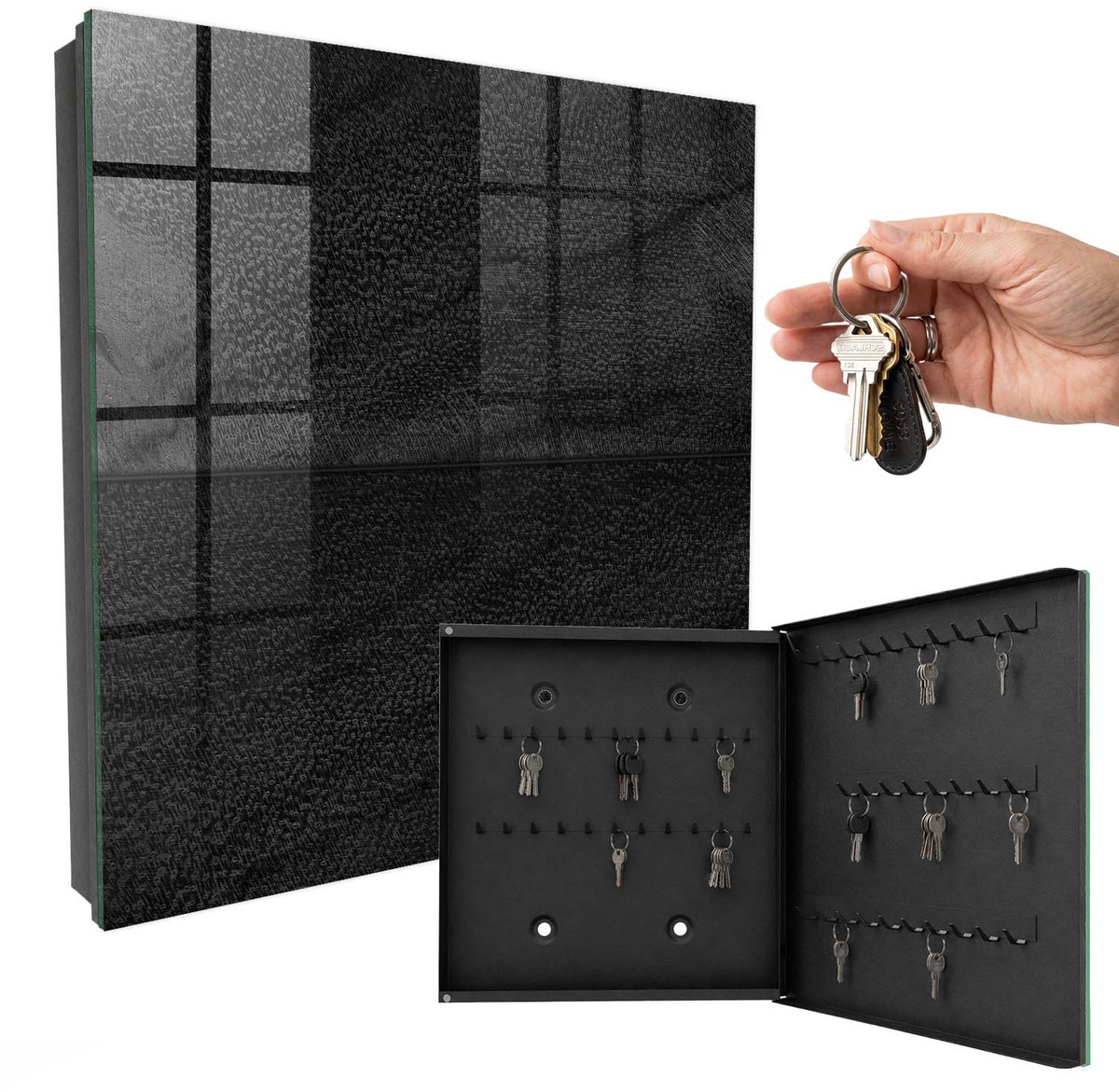 WallMuralia - Sleutelkast - 30x30x5 cm - met 50 haken - Elegant Zwart Sleutelkastje Modern - Zwart Sleutelbox - Rechtsopenend - Zwart interieur