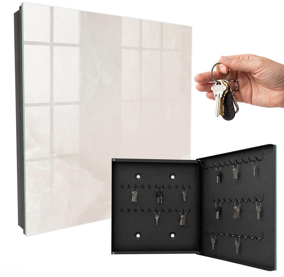 WallMuralia - Sleutelkast - 30x30x5 cm - met 50 haken - Beige Elegantie Sleutelkastje Huis - Beige Sleutelbox - Rechtsopenend - Zwart interieur