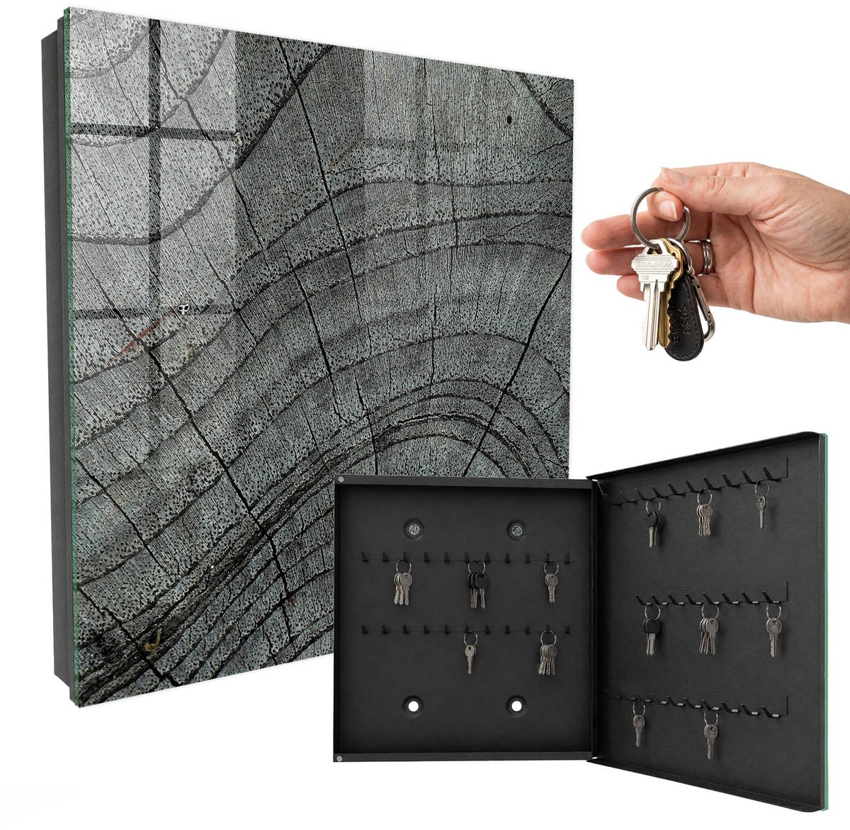 WallMuralia - Sleutelkast - 30x30x5 cm - met 50 haken - Jaarringen Van Bomen Sleutelkastje Design - Grijs Sleutelbox - Rechtsopenend - Zwart interieur