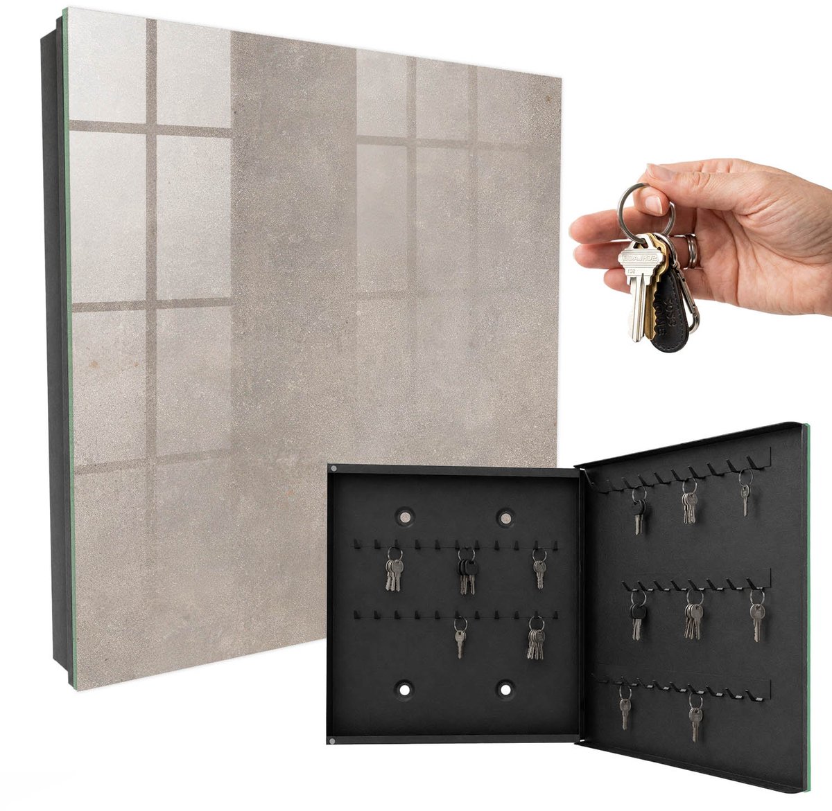 WallMuralia - Sleutelkast - 30x30x5 cm - met 50 haken - Elegante Textuur Sleutelkastje Huis - Grijs Sleutelbox - Rechtsopenend - Zwart interieur