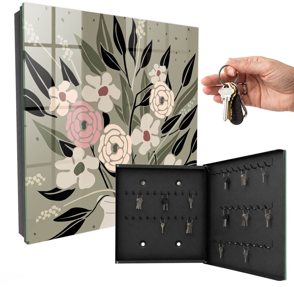 WallMuralia - Sleutelkast - 30x30x5 cm - met 50 haken - Bloemarrangement Sleutelkastje Binnen - Beige Sleutelbox - Rechtsopenend - Zwart interieur