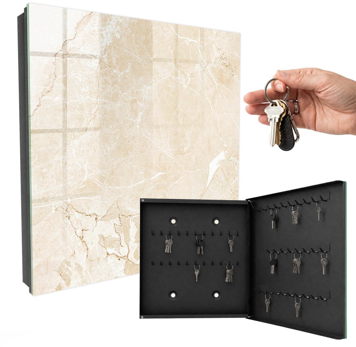 WallMuralia - Sleutelkast - 30x30x5 cm - met 50 haken - Beige Patroon Sleutelkastje Huis - Beige Sleutelbox - Rechtsopenend - Zwart interieur