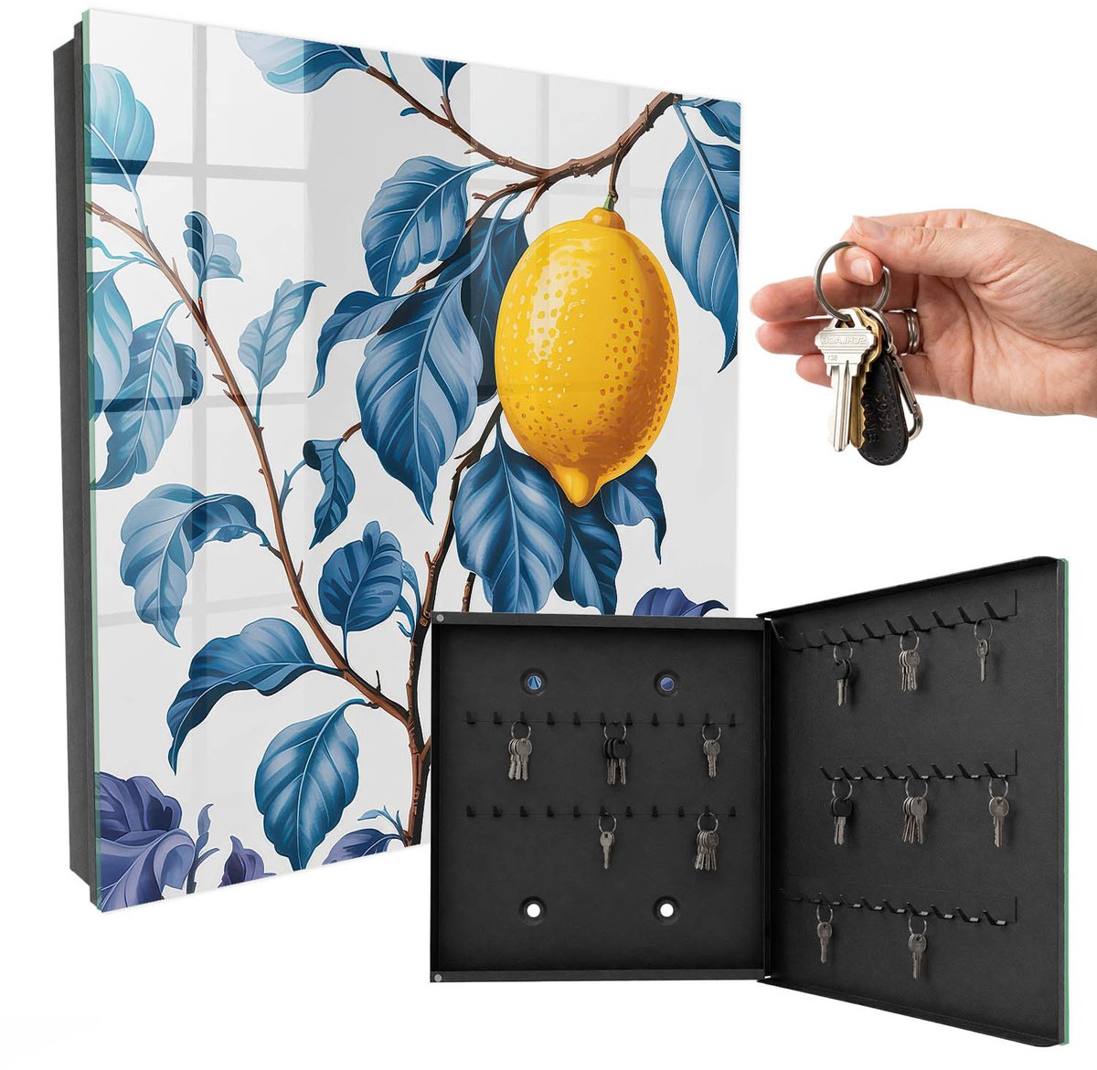 WallMuralia - Sleutelkast - 30x30x5 cm - met 50 haken - Citroenblaadjes Sleutelkastje Design - Blauw Sleutelbox - Rechtsopenend - Zwart interieur