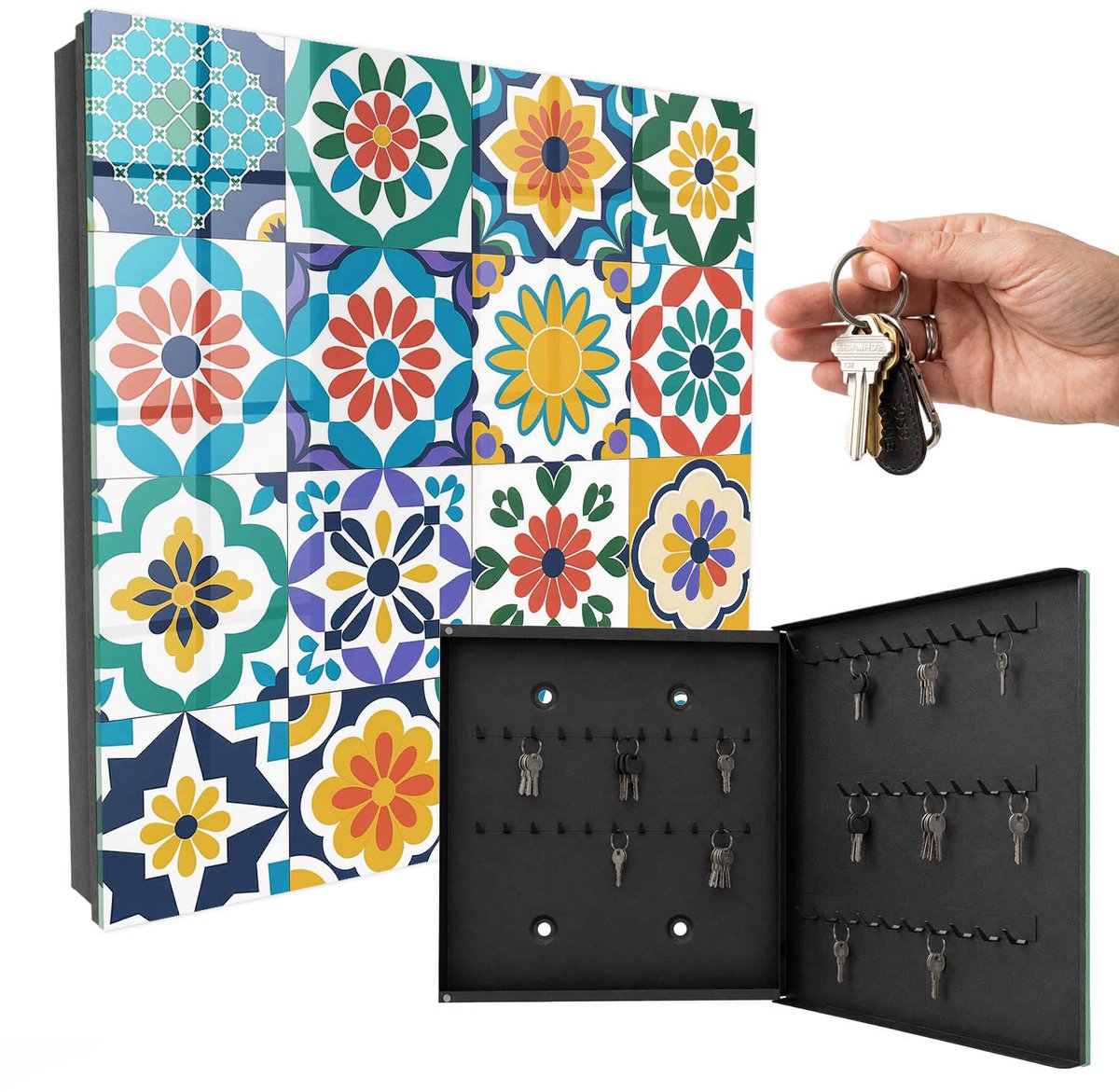 WallMuralia - Sleutelkast - 30x30x5 cm - met 50 haken - Bloemmotieven Sleutelkastje Muur - Blauw Sleutelbox - Rechtsopenend - Zwart interieur