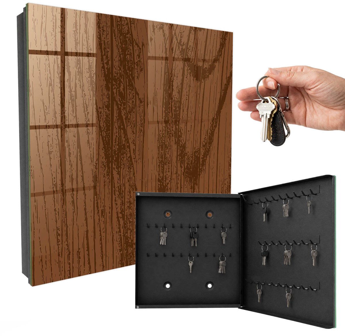 WallMuralia - Sleutelkast - 30x30x5 cm - met 50 haken - Houten Draden Sleutelkastje Modern - Bruin Sleutelbox - Rechtsopenend - Zwart interieur